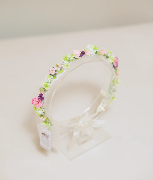 Pink And Green Flower Baptism Tiara For Baby Girl [Ready To ship :CR57]