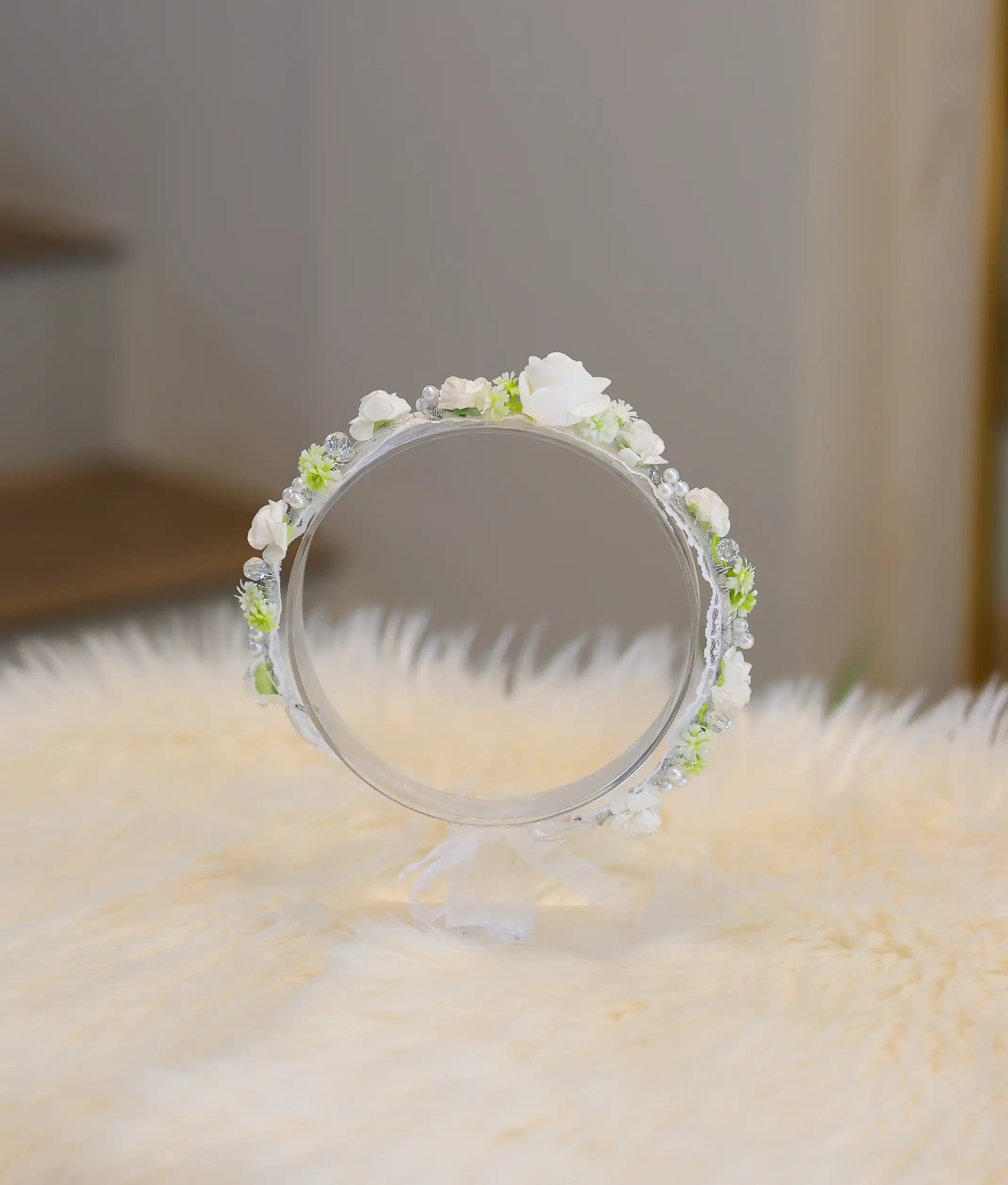 White And Green Handcrafted Floral Tiara For Baby Girl [CR84]
