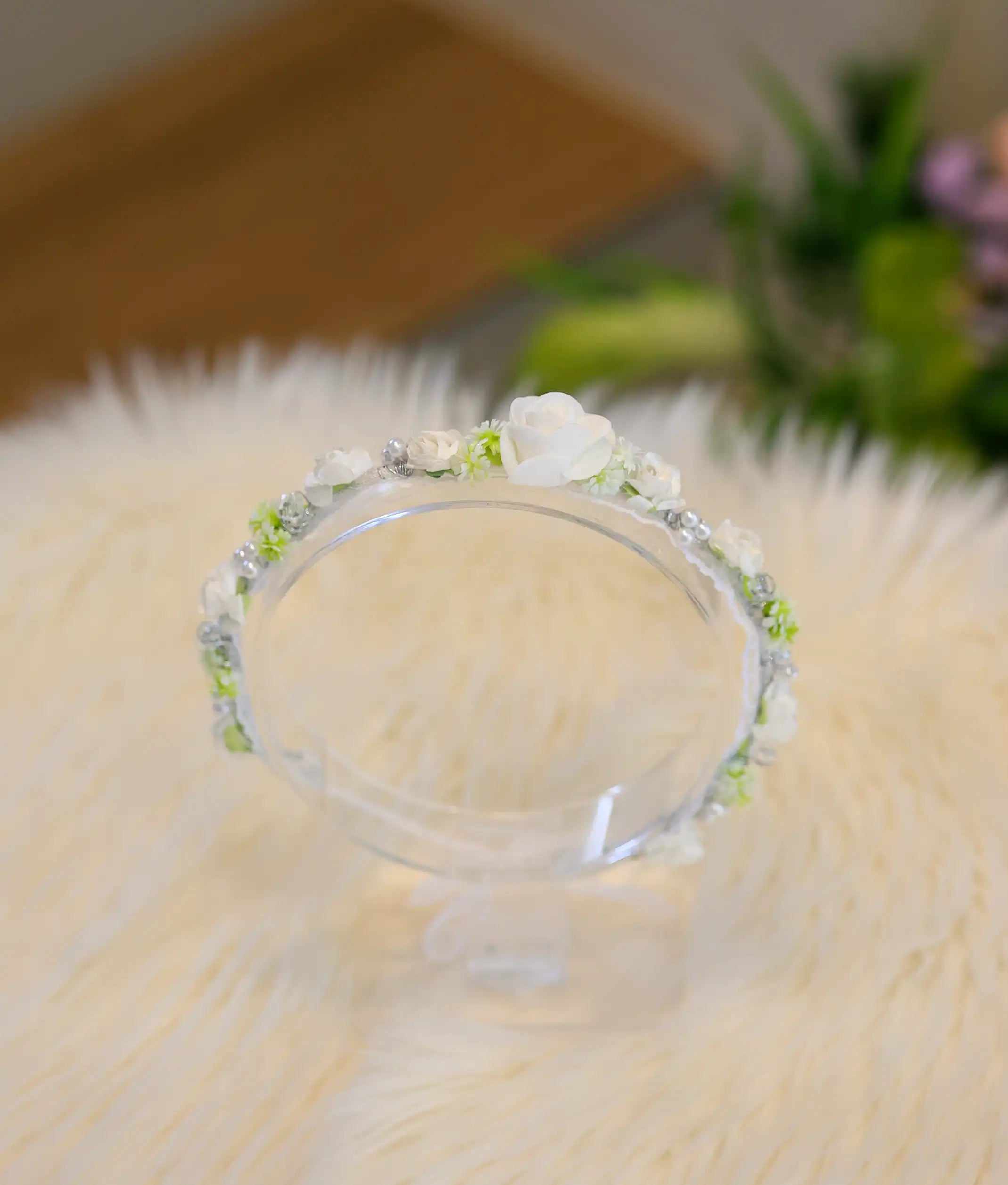White And Green Handcrafted Floral Tiara For Baby Girl [CR84]