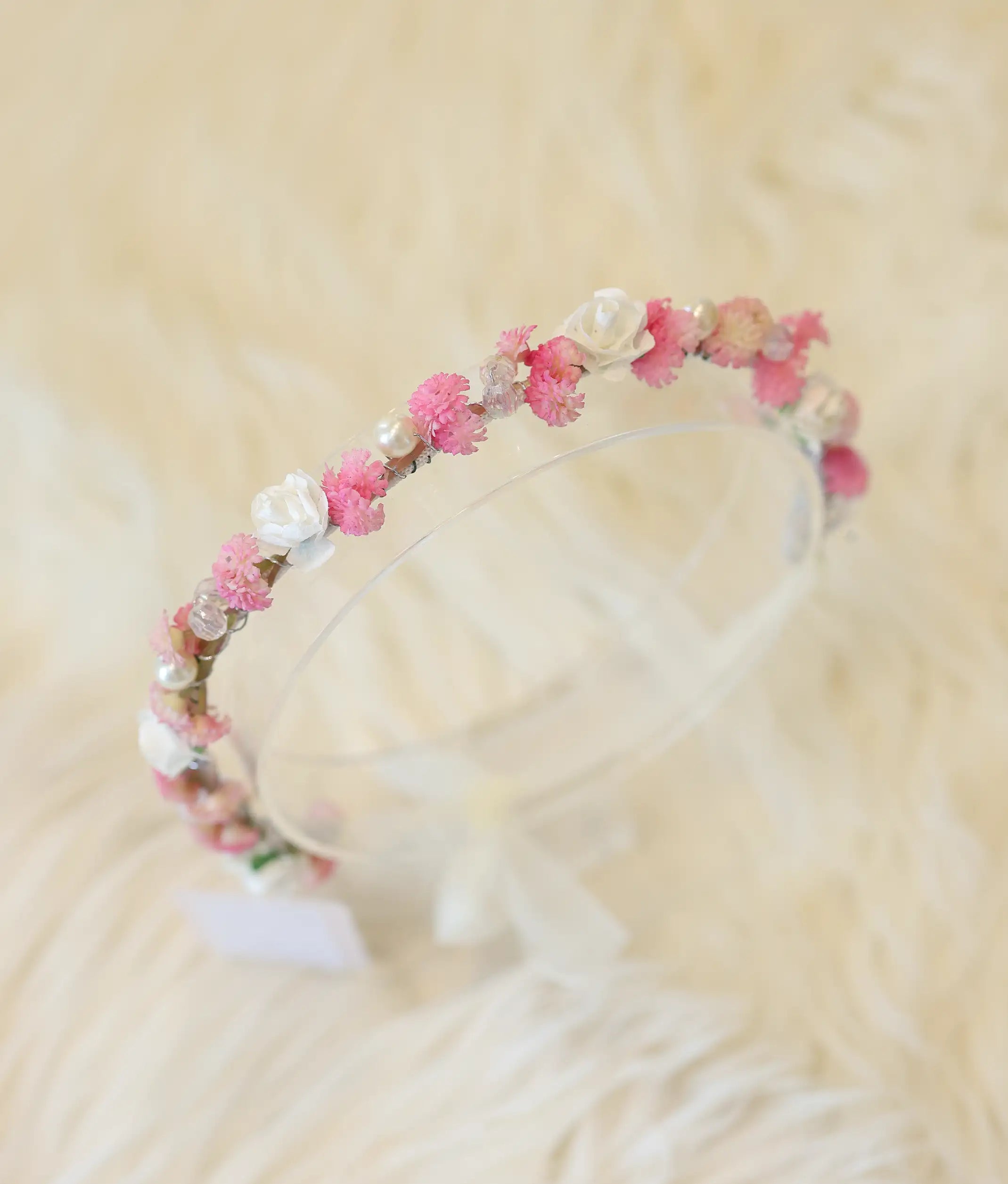 Pink And White Handcrafted Floral Tiara For Baby Girl [CR97]