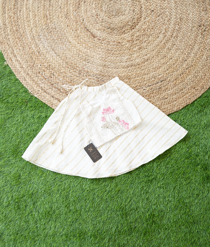 Off-White Floral Embroidery Cotton Top and Skirt for Baby Girls [5127]