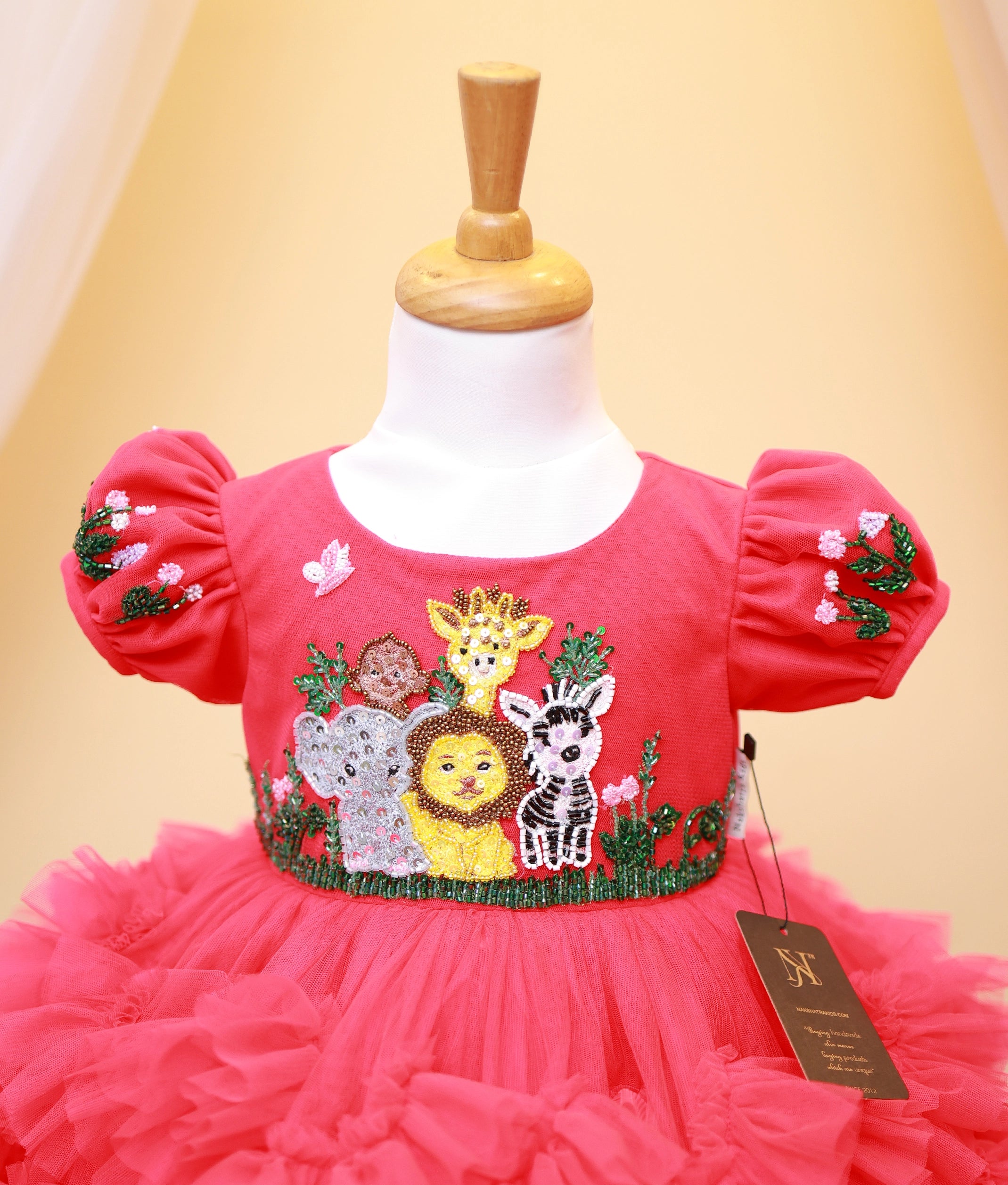 Vibrant Pink Tulle Net Jungle Theme Birthday Frock For Baby Girl NakshatraKids LLP Vibrant Pink Tulle Net Jungle Theme Birthday Frock For Baby Girl NakshatraKids LLP