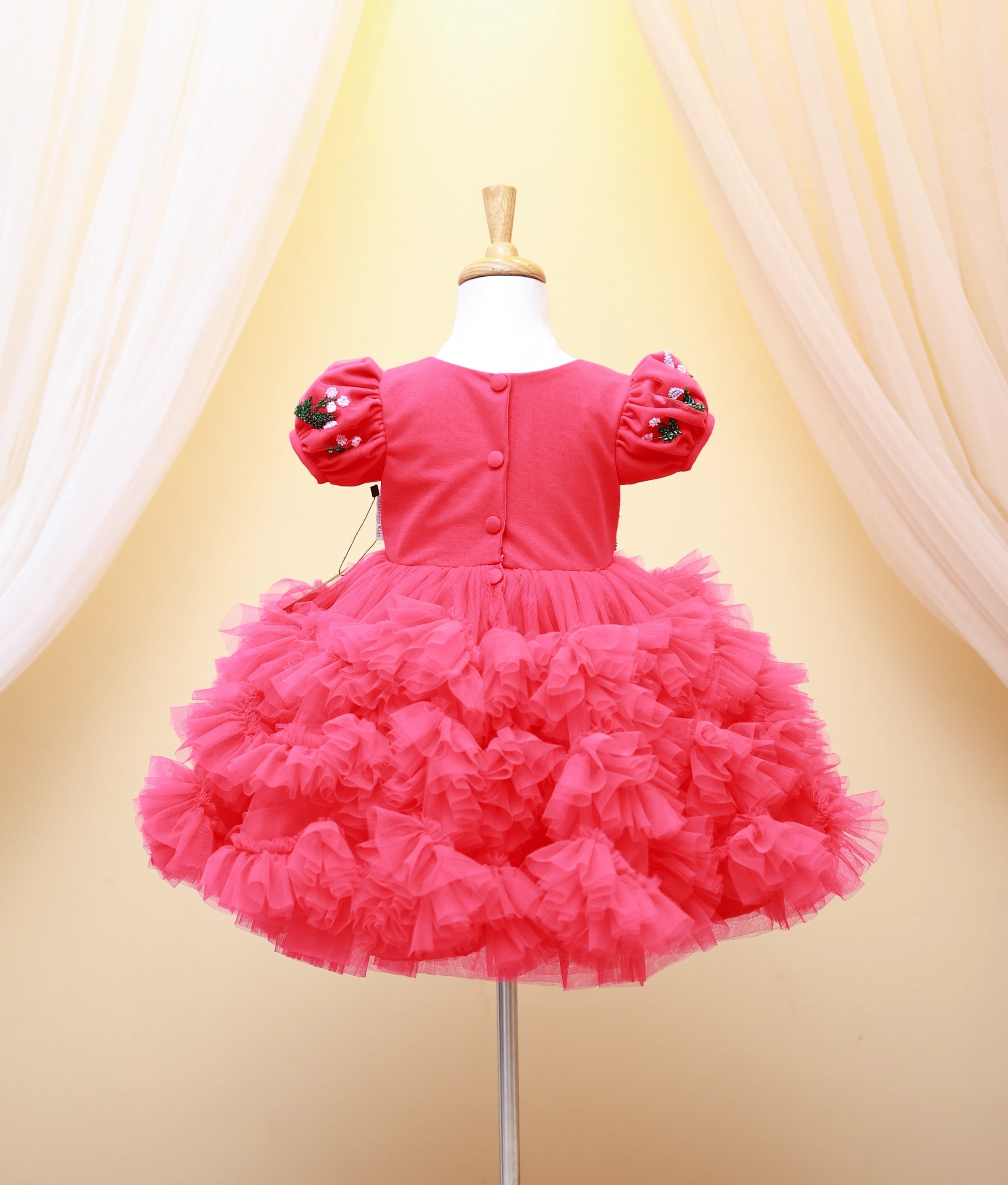 Vibrant Pink Tulle Net Jungle Theme Birthday Frock For Baby Girl [Pre Order: 5123]