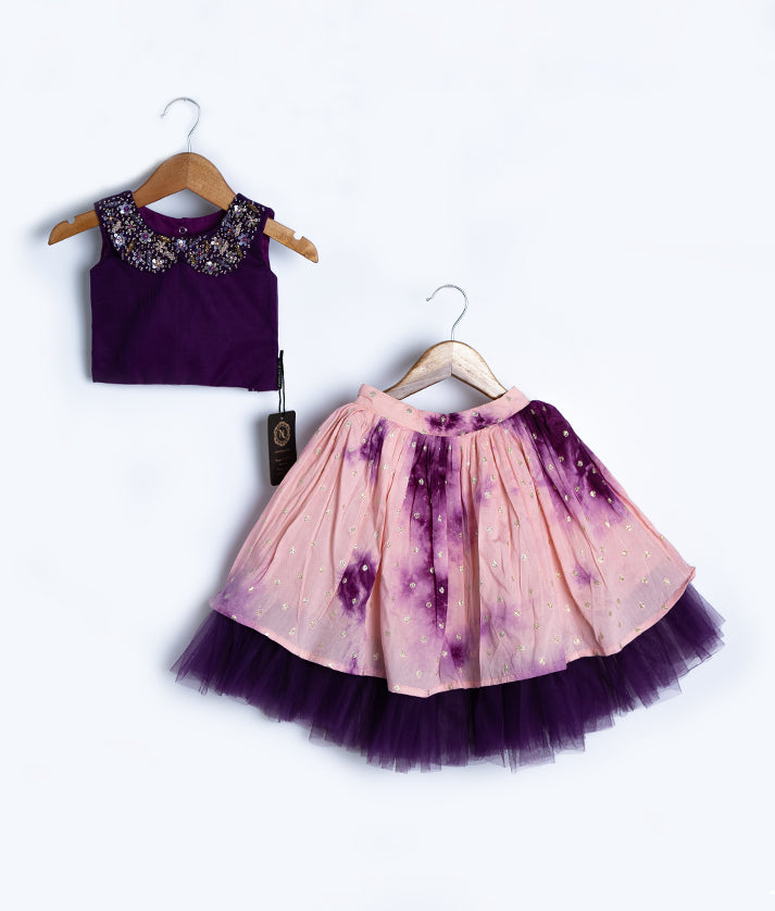 Grape Wine Tulle Net Handworked Top With Chanderi Full Length Skirt For Diwali [2036]