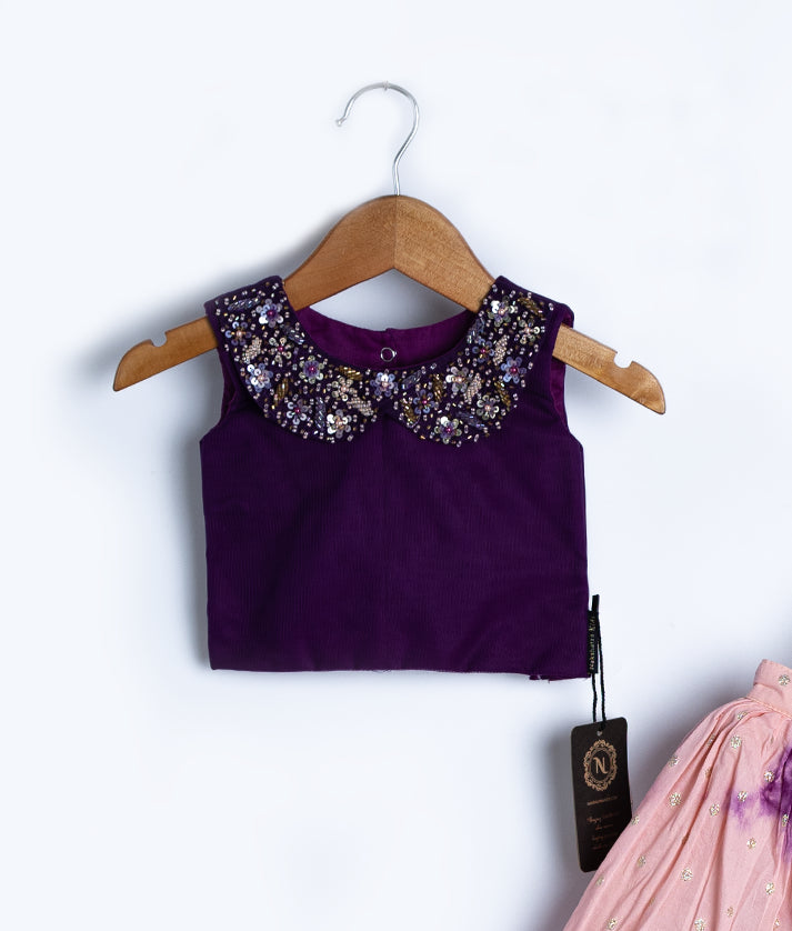 Grape Wine Tulle Net Handworked Top With Chanderi Full Length Skirt For Diwali [2036]