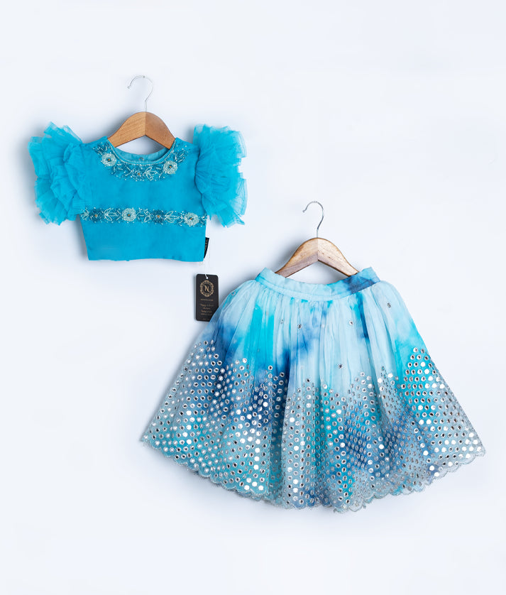 Ocean Blue Tulle Net Handworked Crop Top with Organza Full Length Skirt For Baby Girl [2041]