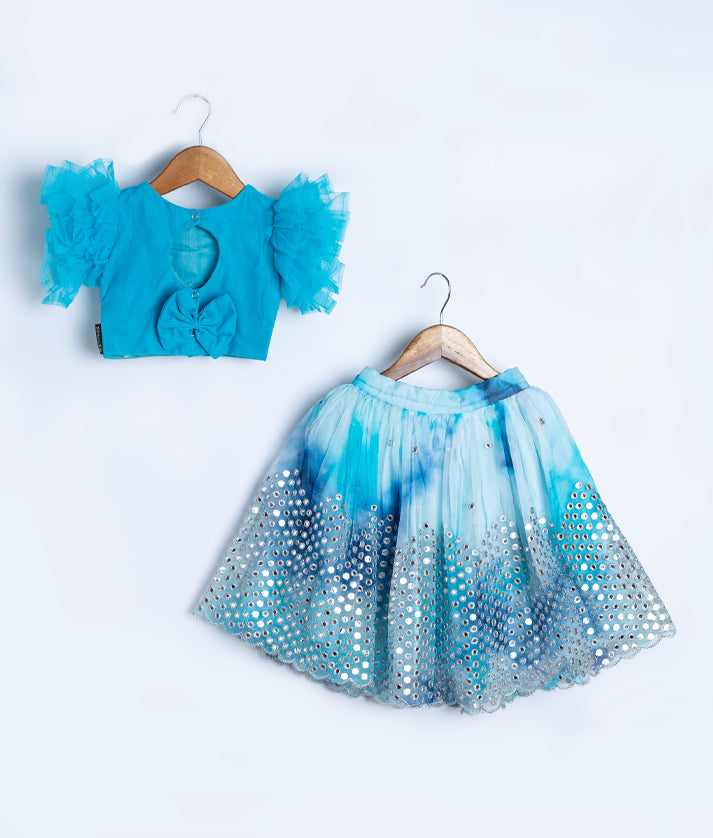 Ocean Blue Tulle Net Handworked Crop Top with Organza Full Length Skirt For Baby Girl [2041]