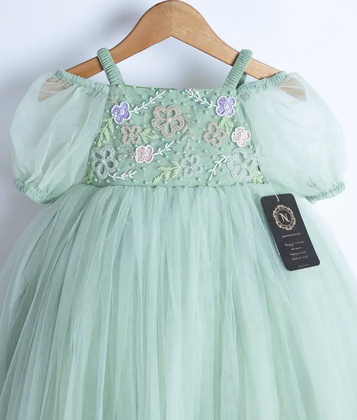 Pasrel Green Tulle Net Handworked Birthday Gown For Baby Girl [Ready To Ship: 2076]