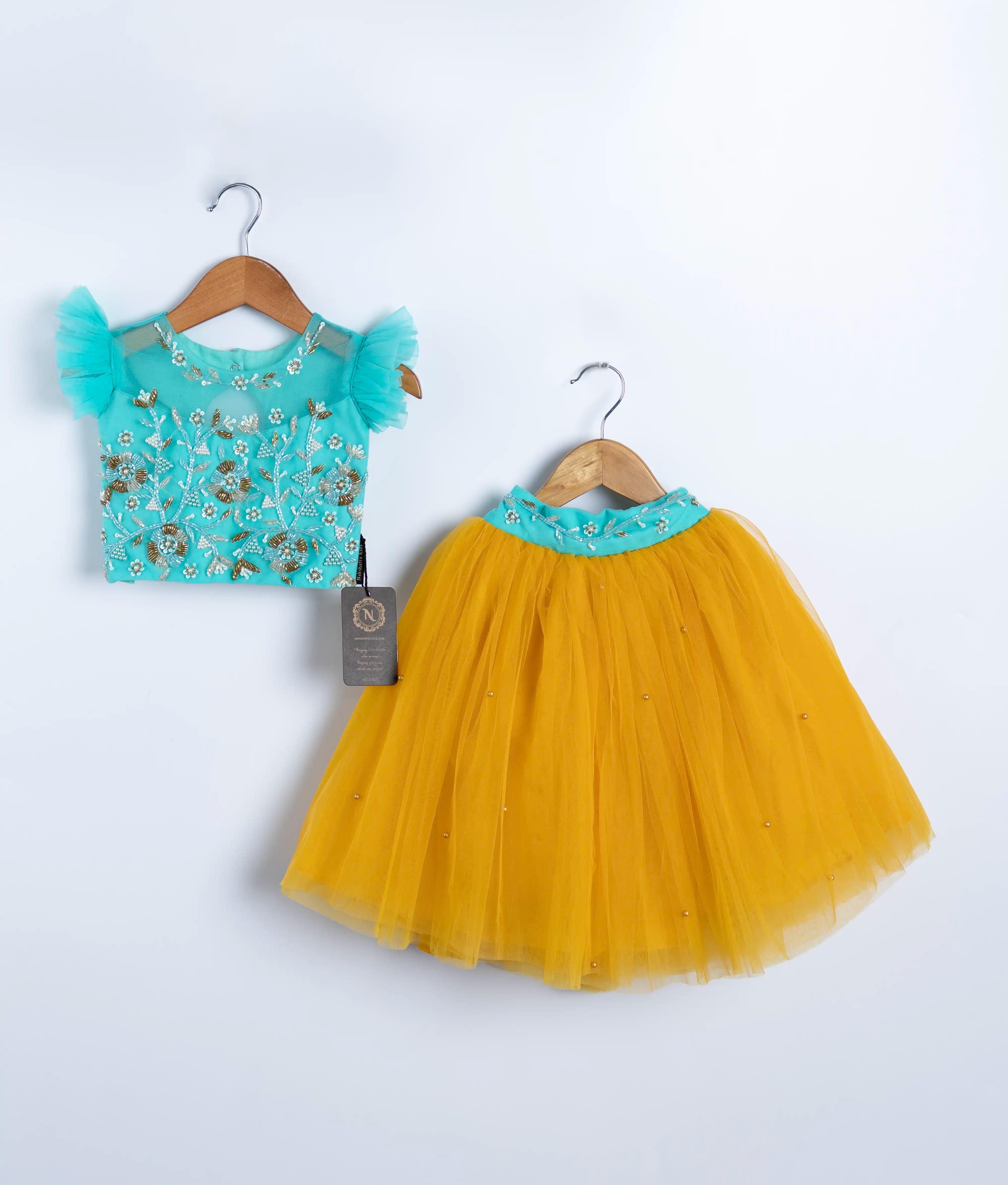 Blue Tulle Net Handworked Crop Top With Yellow Full Length Skirt For Baby Girl [2078]