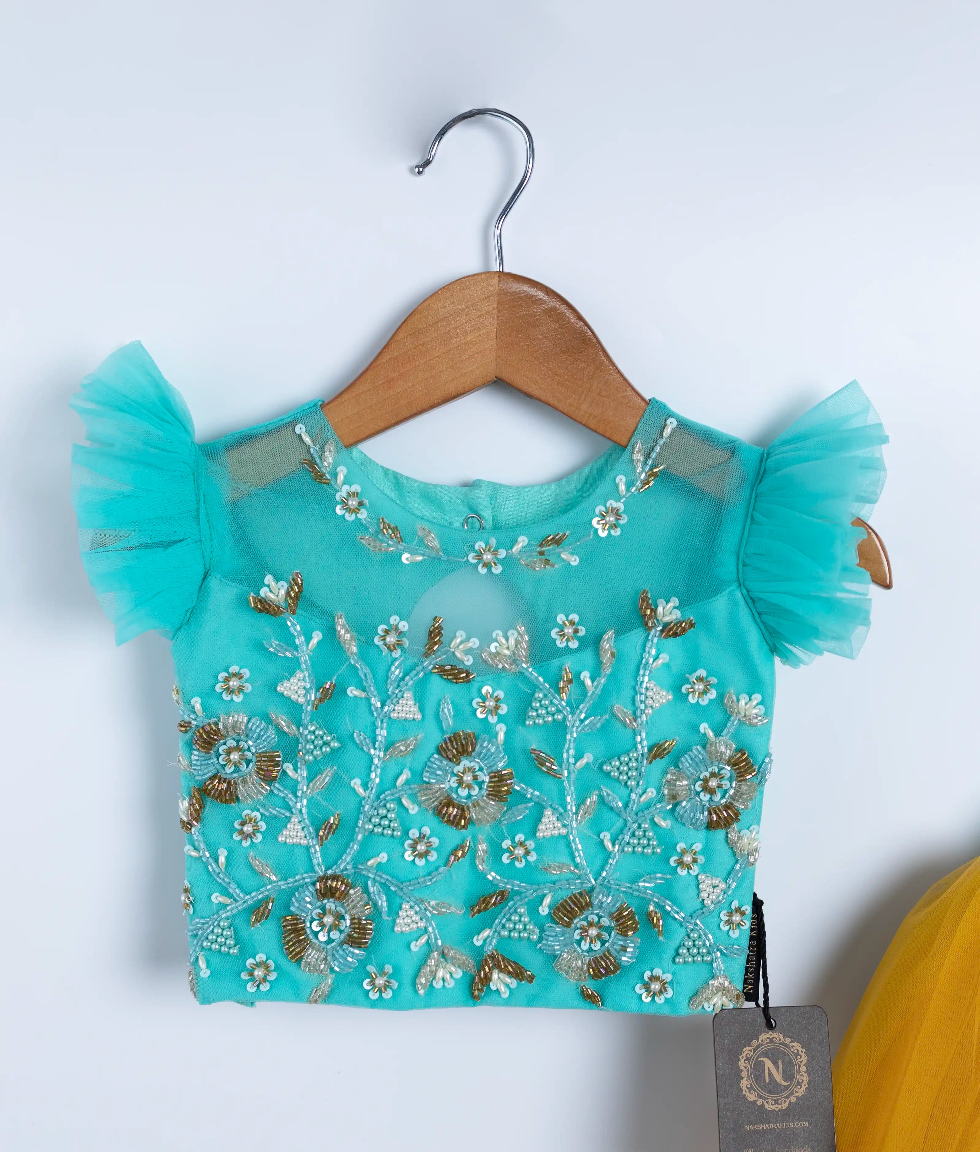 Blue Tulle Net Handworked Crop Top With Yellow Full Length Skirt For Baby Girl [2078]