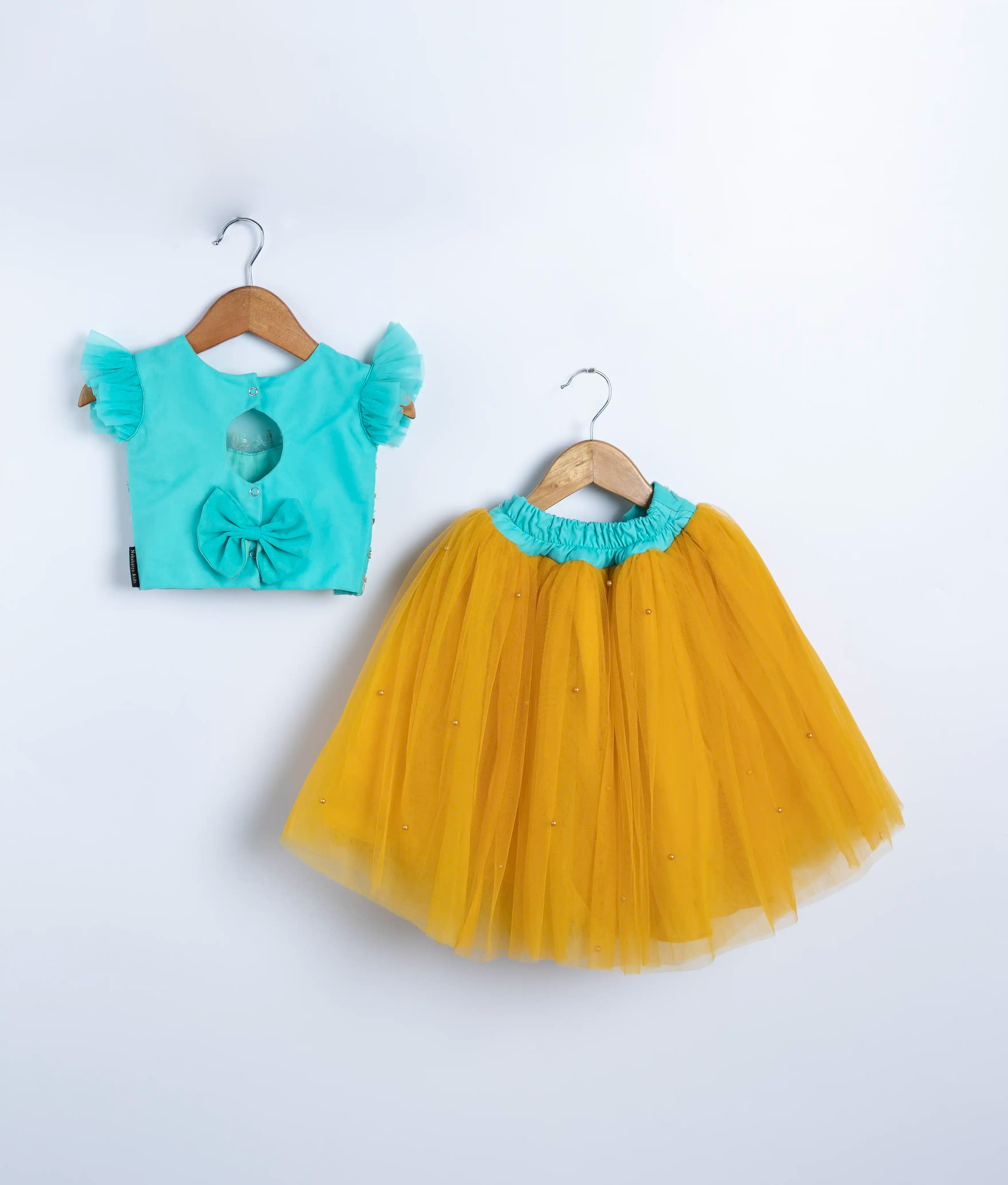 Blue Tulle Net Handworked Crop Top With Yellow Full Length Skirt For Baby Girl [2078]