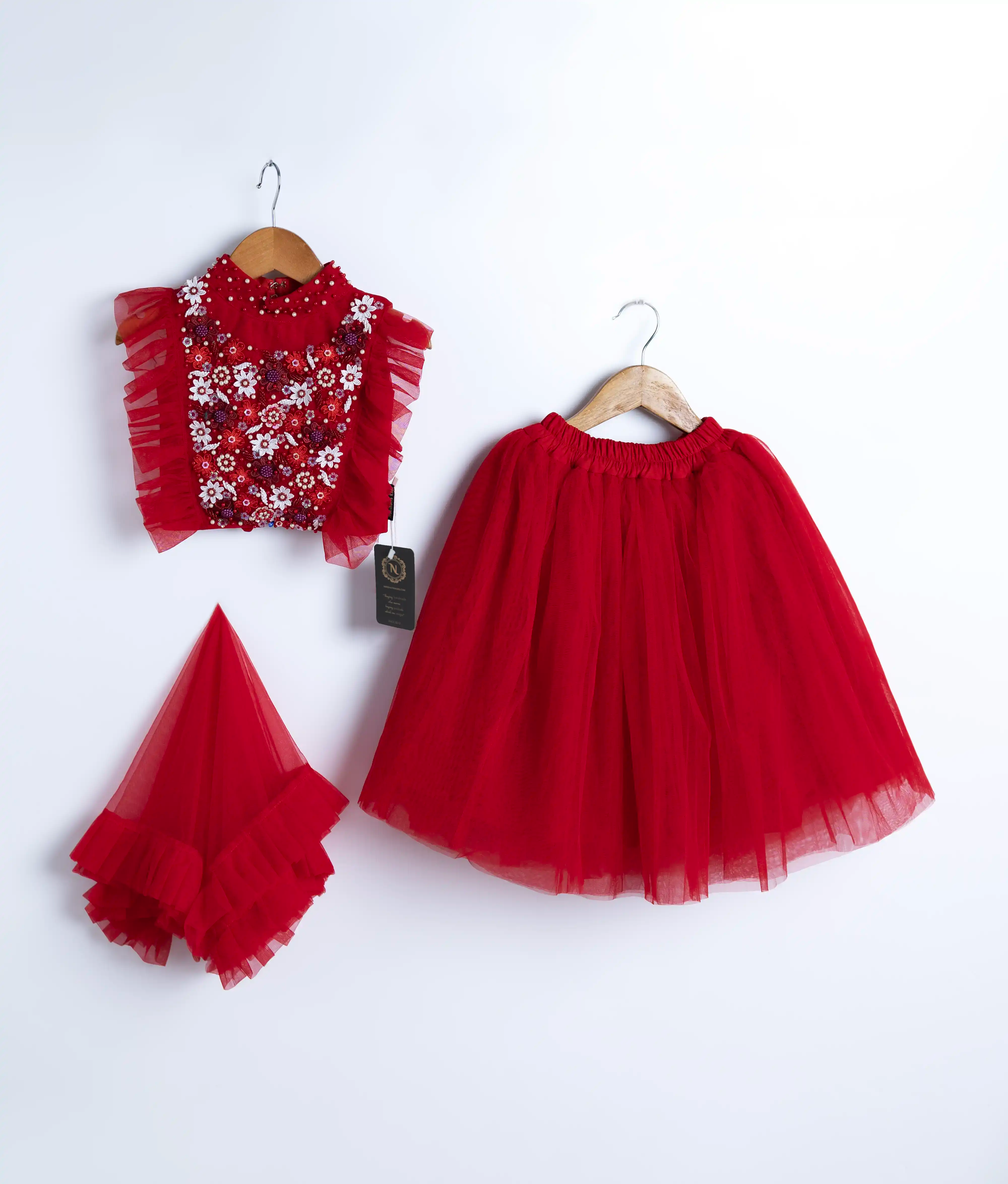 Red Tulle Net Handworked Skirt and Top For Baby Girl [2107]