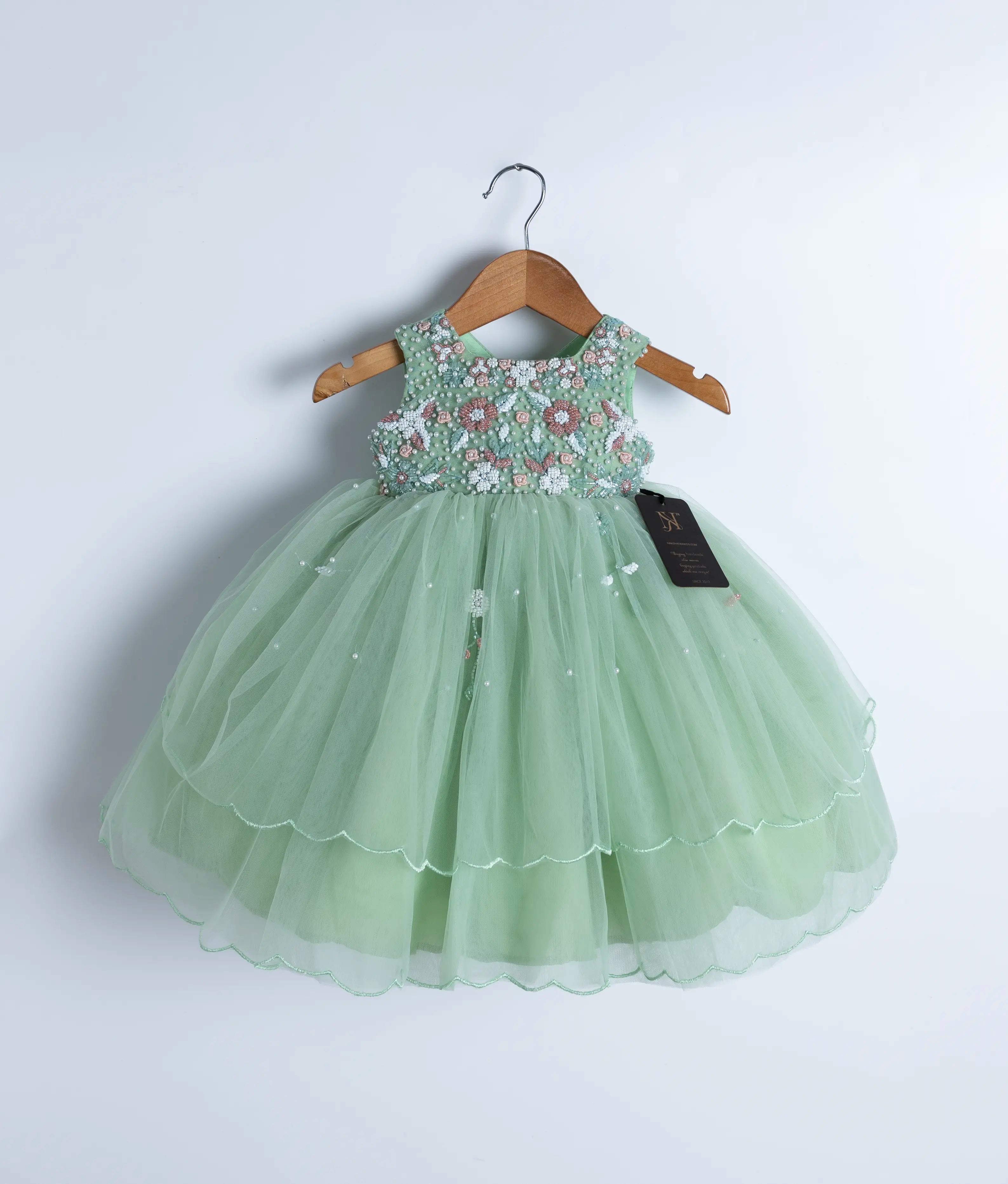Pastel Green Tulle Net Handworked Birthday Frock For Baby Girl [2116]
