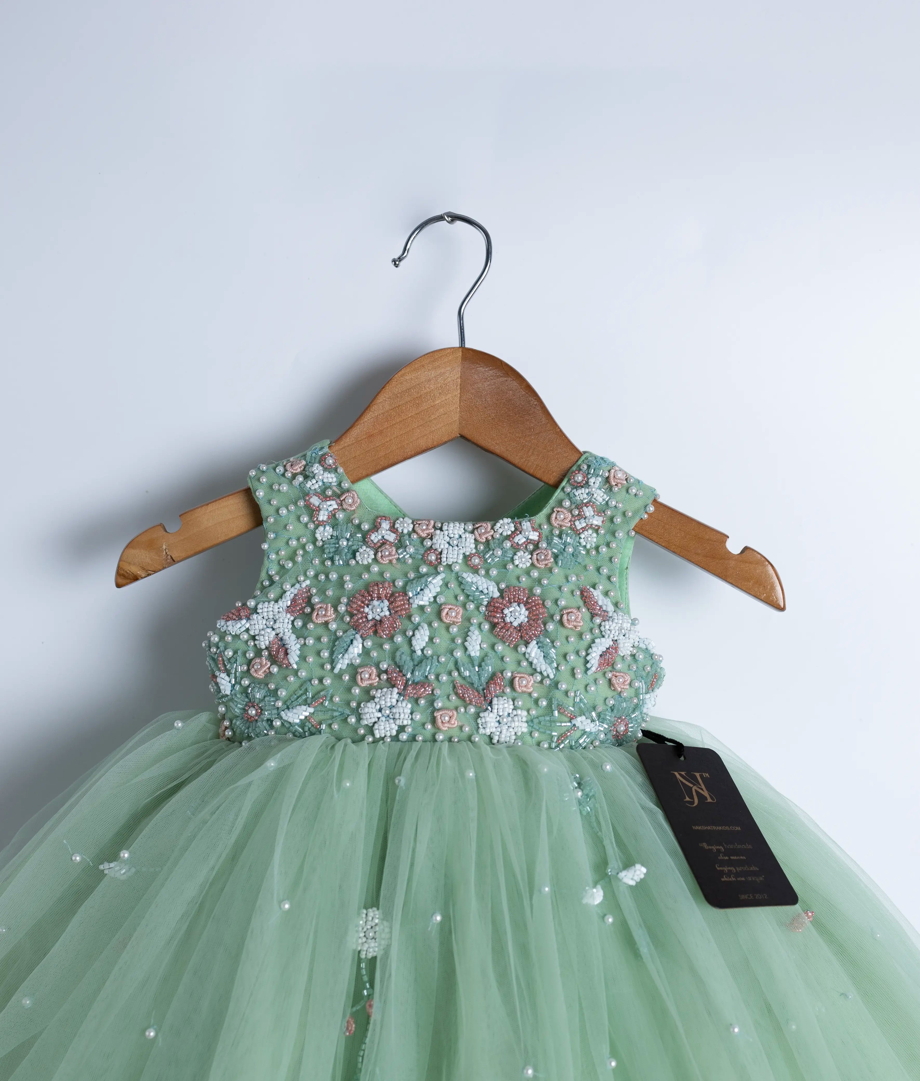 Pastel Green Tulle Net Handworked Birthday Frock For Baby Girl [2116]