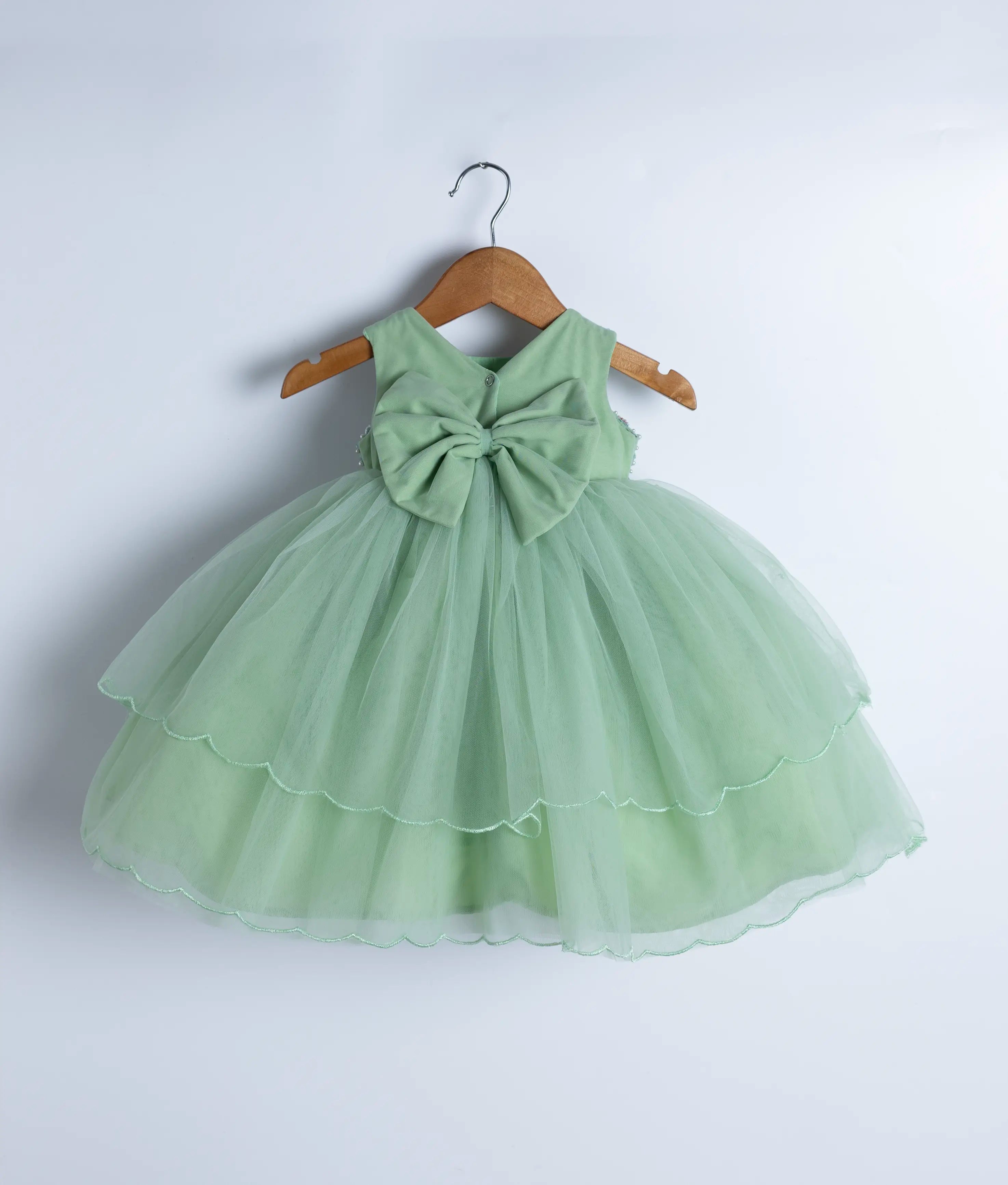 Pastel Green Tulle Net Handworked Birthday Frock For Baby Girl [2116]