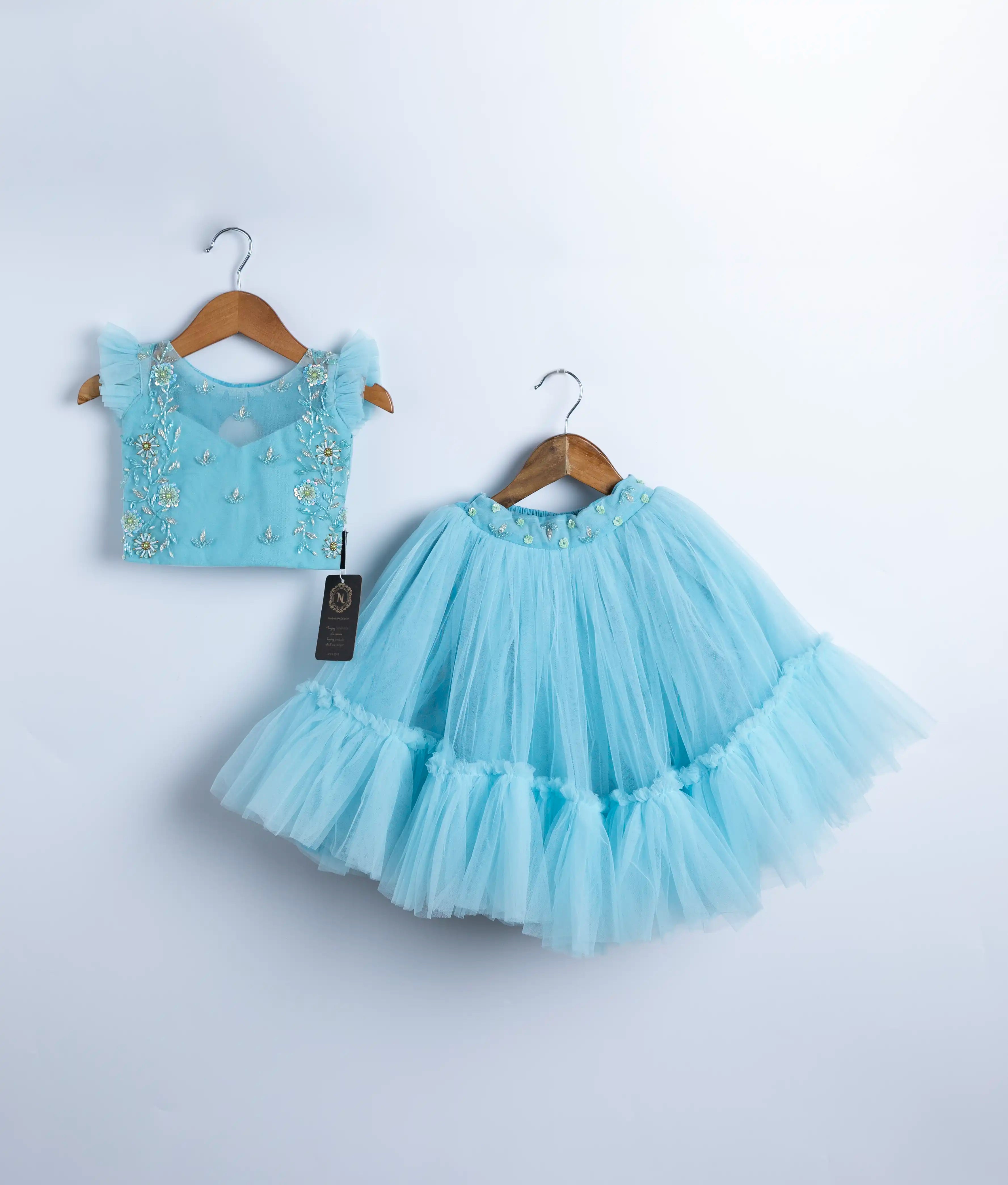 Blue Tulle Net Handworked Crop Top With Full Length Skirt For Baby Girl [Ready to ship 2145]