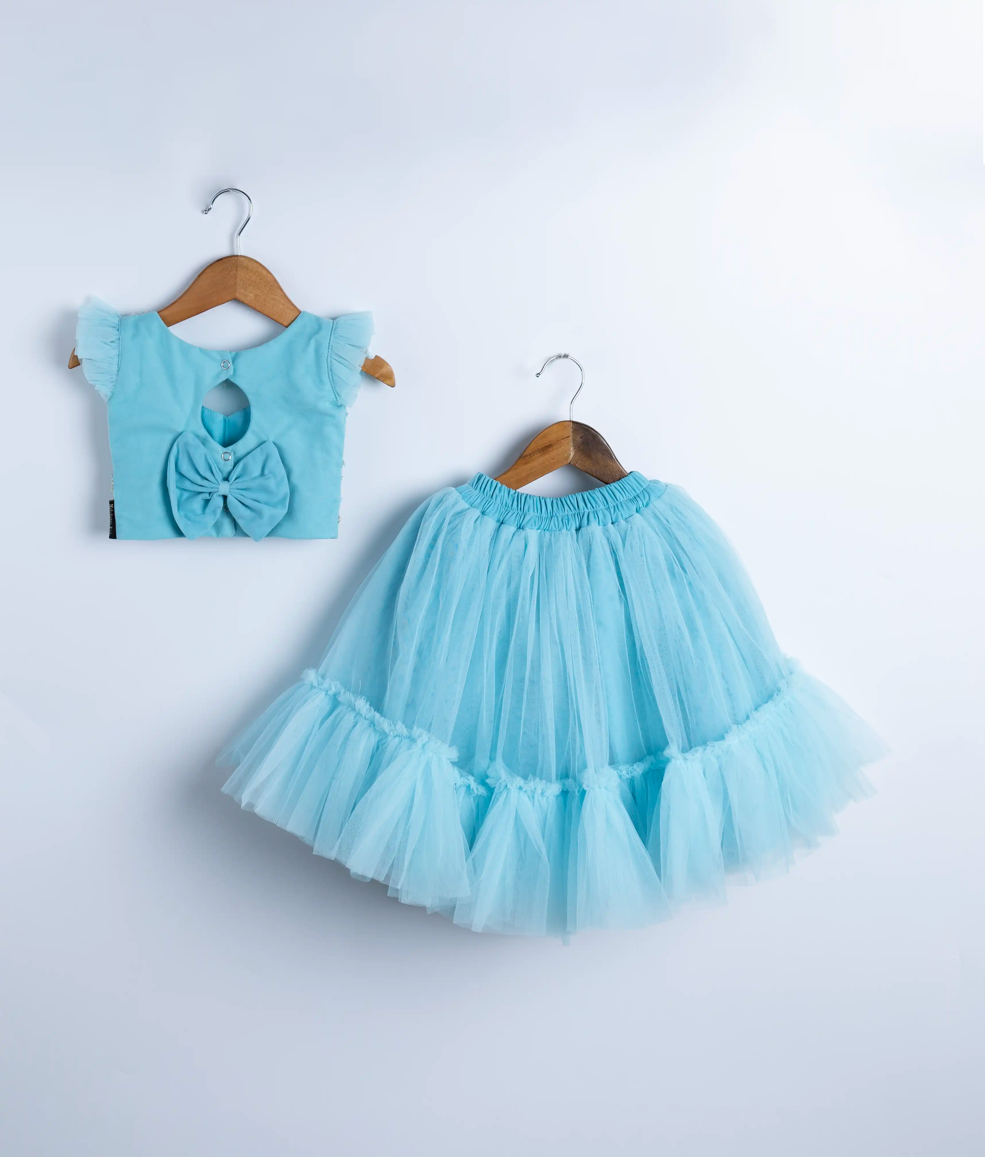 Blue Tulle Net Handworked Crop Top With Full Length Skirt For Baby Girl [2145]