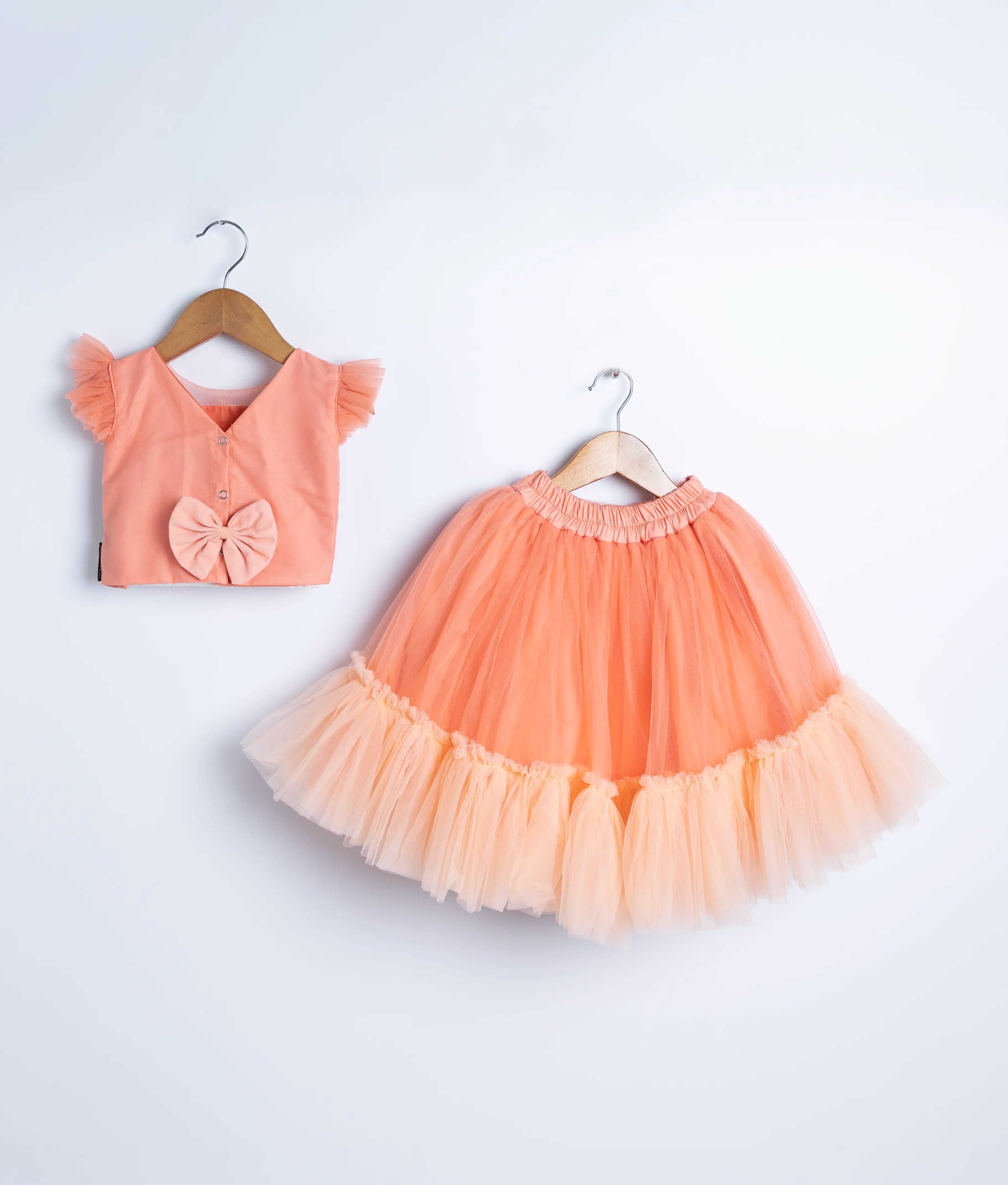 Back view of an peach tulle net handworked top and skirt is displayed on a hanger. 