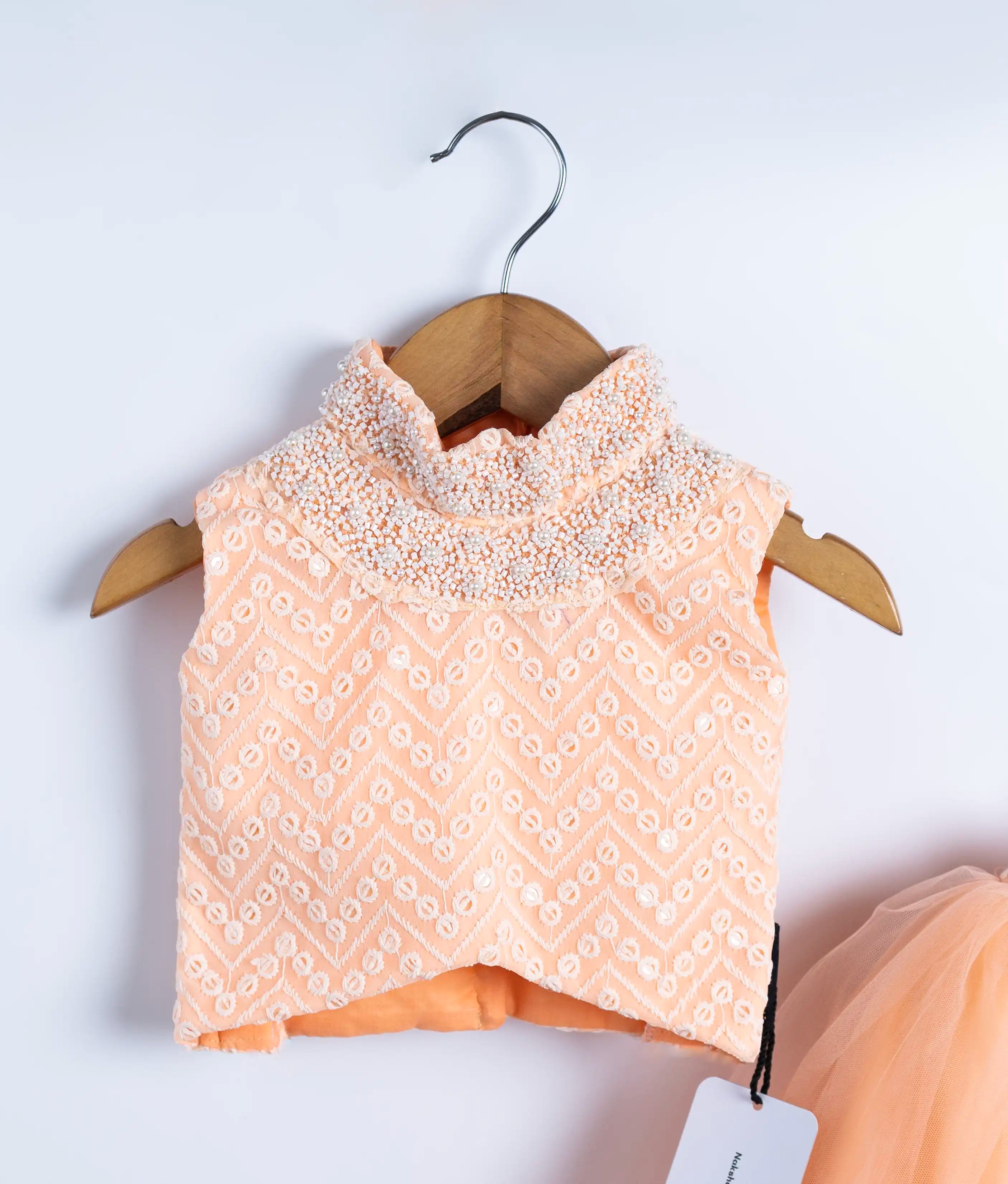 Peach Tulle Net Handworked Crop Top With Full Length Skirt For Baby Girl [2181]