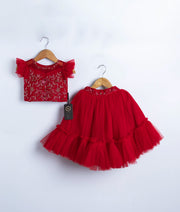 Red Tulle Net Handworked Crop Top With Full Length Skirt For Baby Girl [2199]