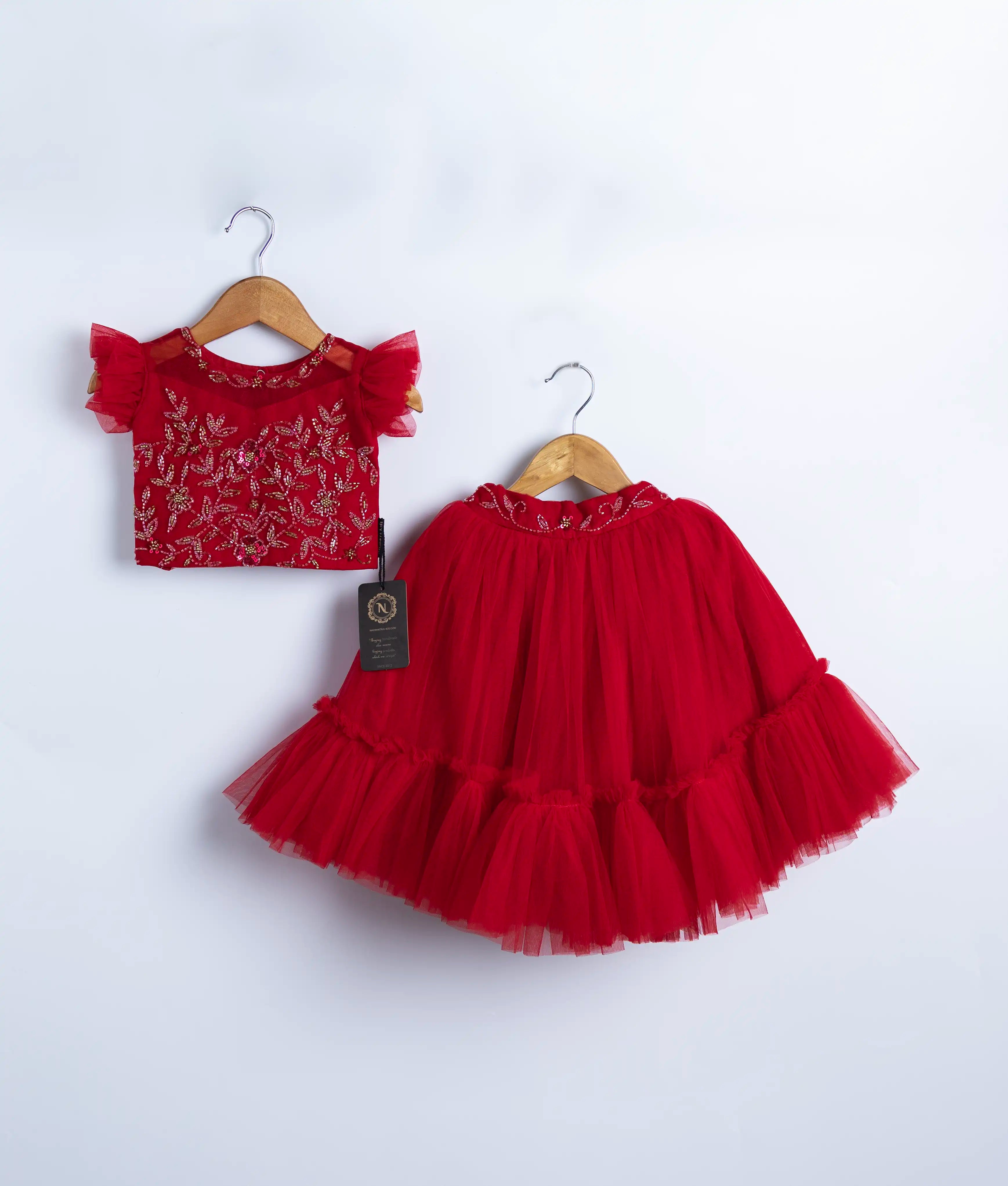 Red Tulle Net Handworked Crop Top With Full Length Skirt For Baby Girl [2199]