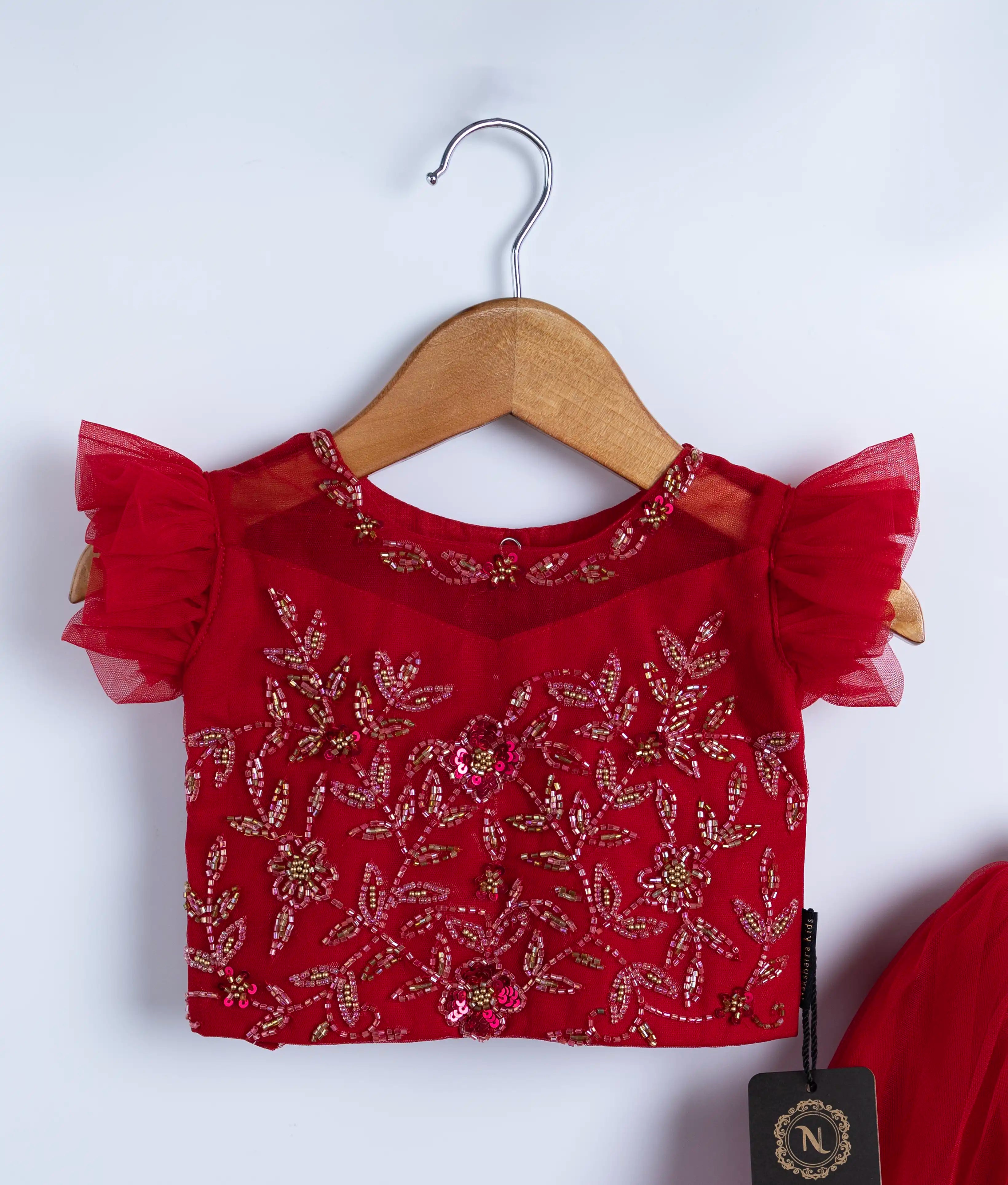 Red Tulle Net Handworked Crop Top With Full Length Skirt For Baby Girl [2199]
