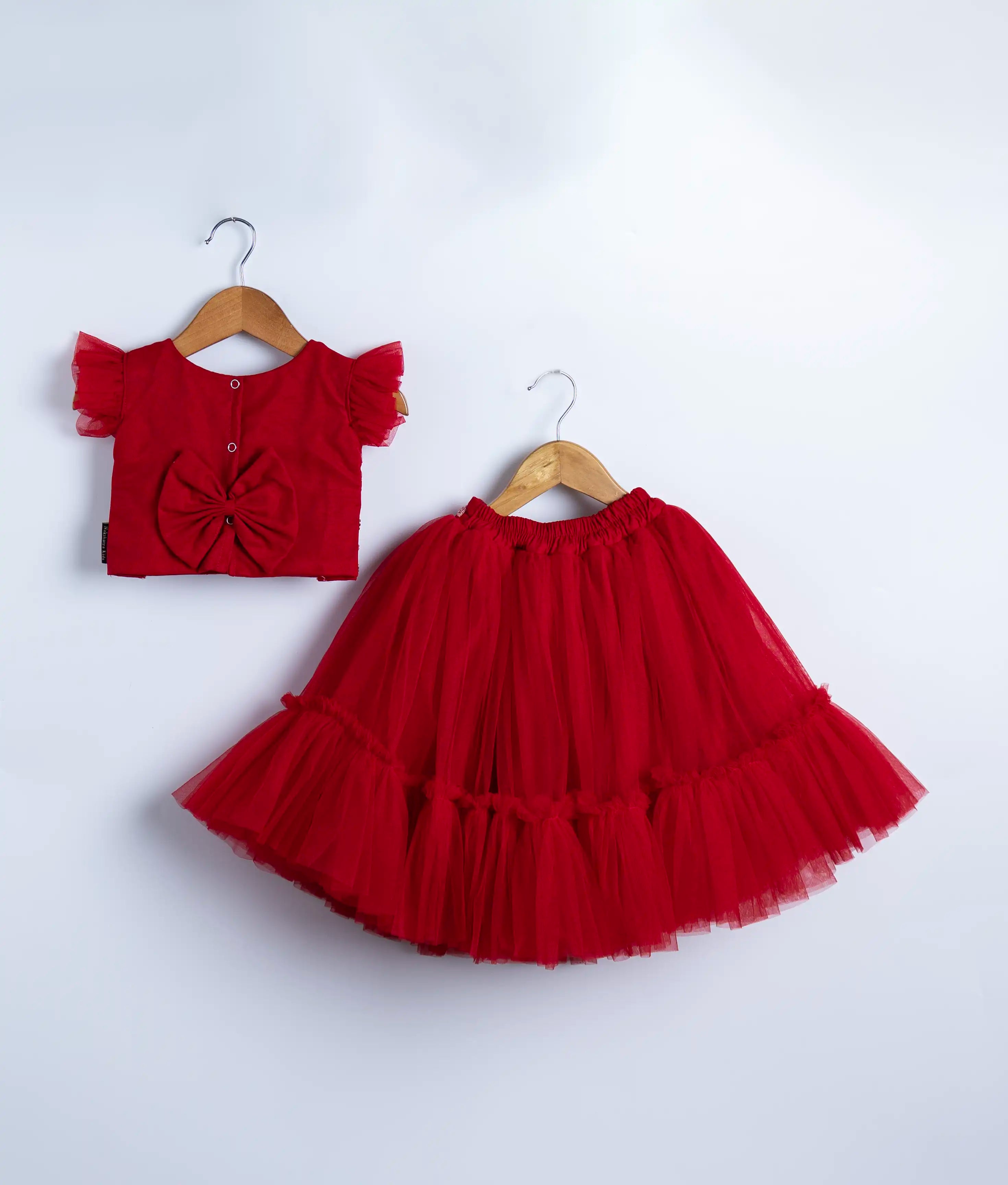 Red Tulle Net Handworked Crop Top With Full Length Skirt For Baby Girl [2199]