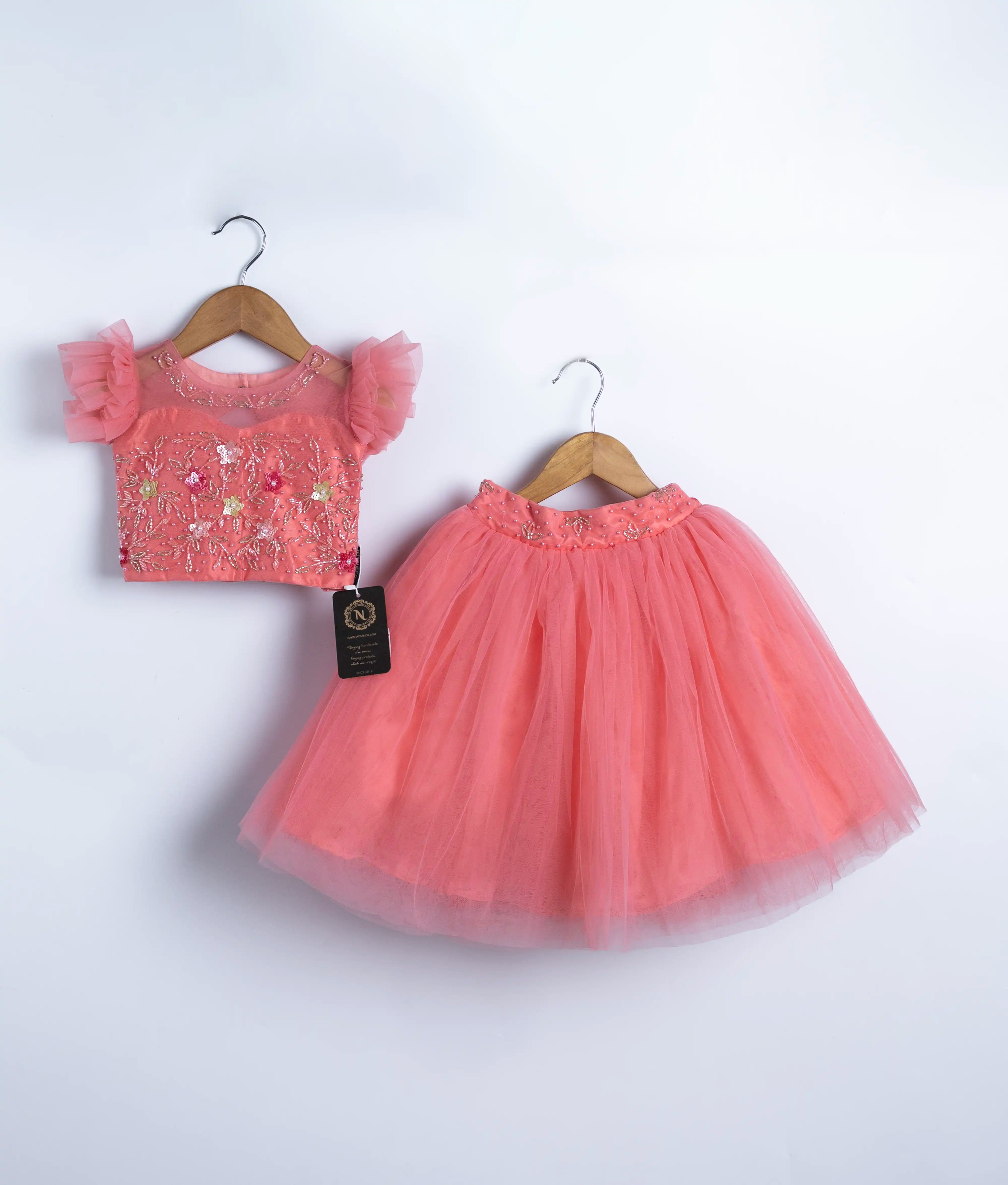 Pink Tulle Net Handworked Crop Top With Full Length Skirt For Baby Girl [2273]