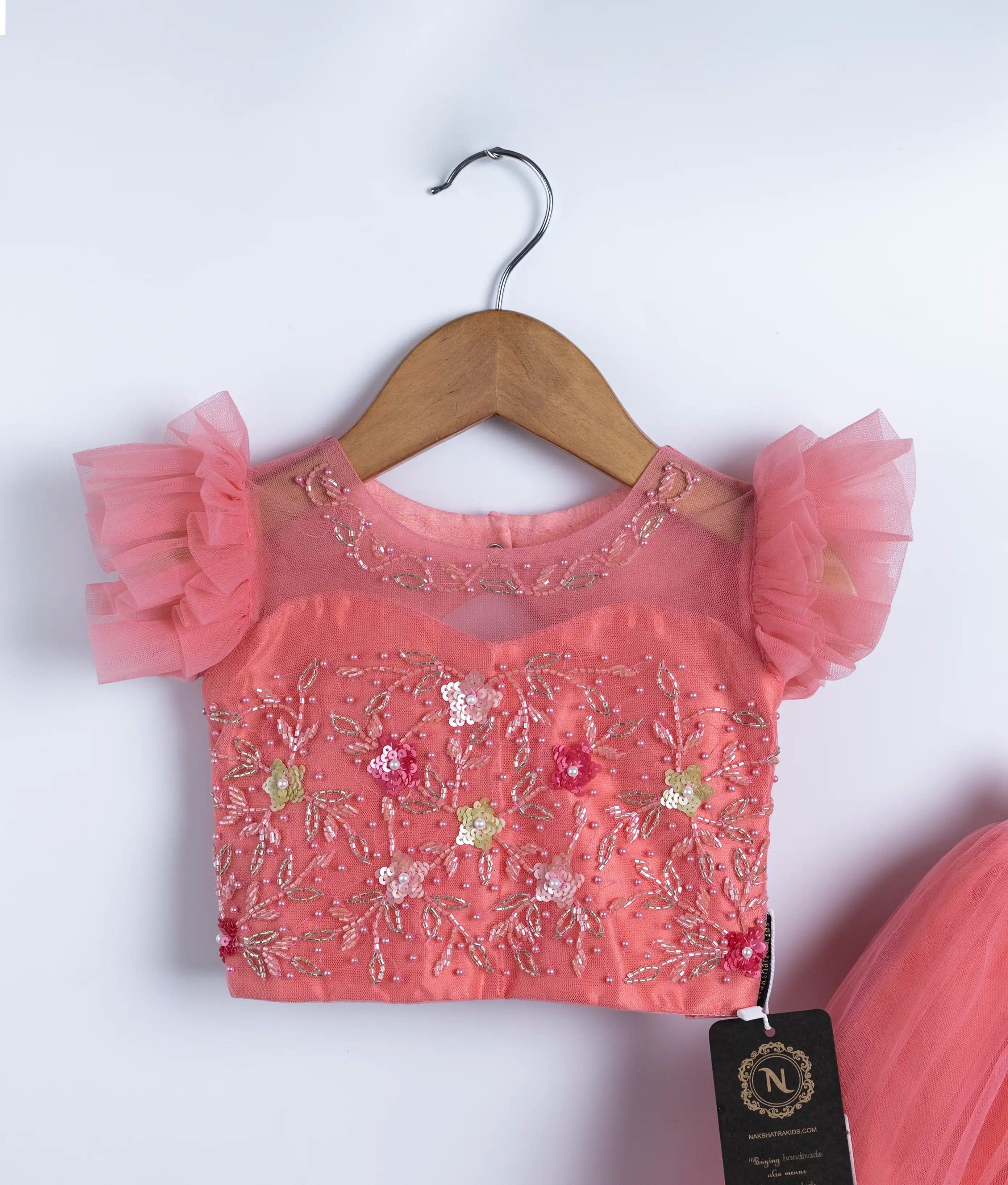 Pink Tulle Net Handworked Crop Top With Full Length Skirt For Baby Girl [2273]