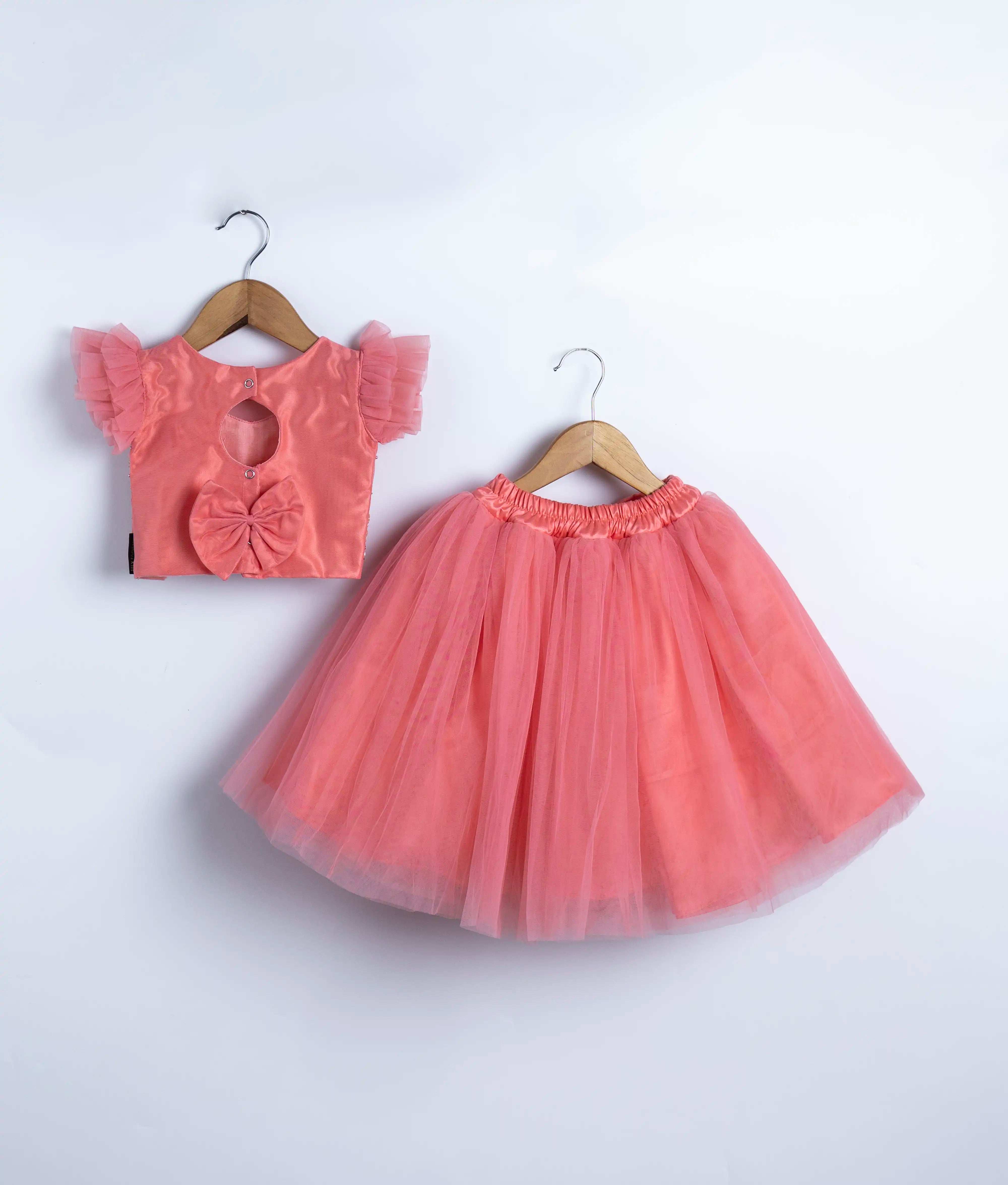 Pink Tulle Net Handworked Crop Top With Full Length Skirt For Baby Girl [2273]