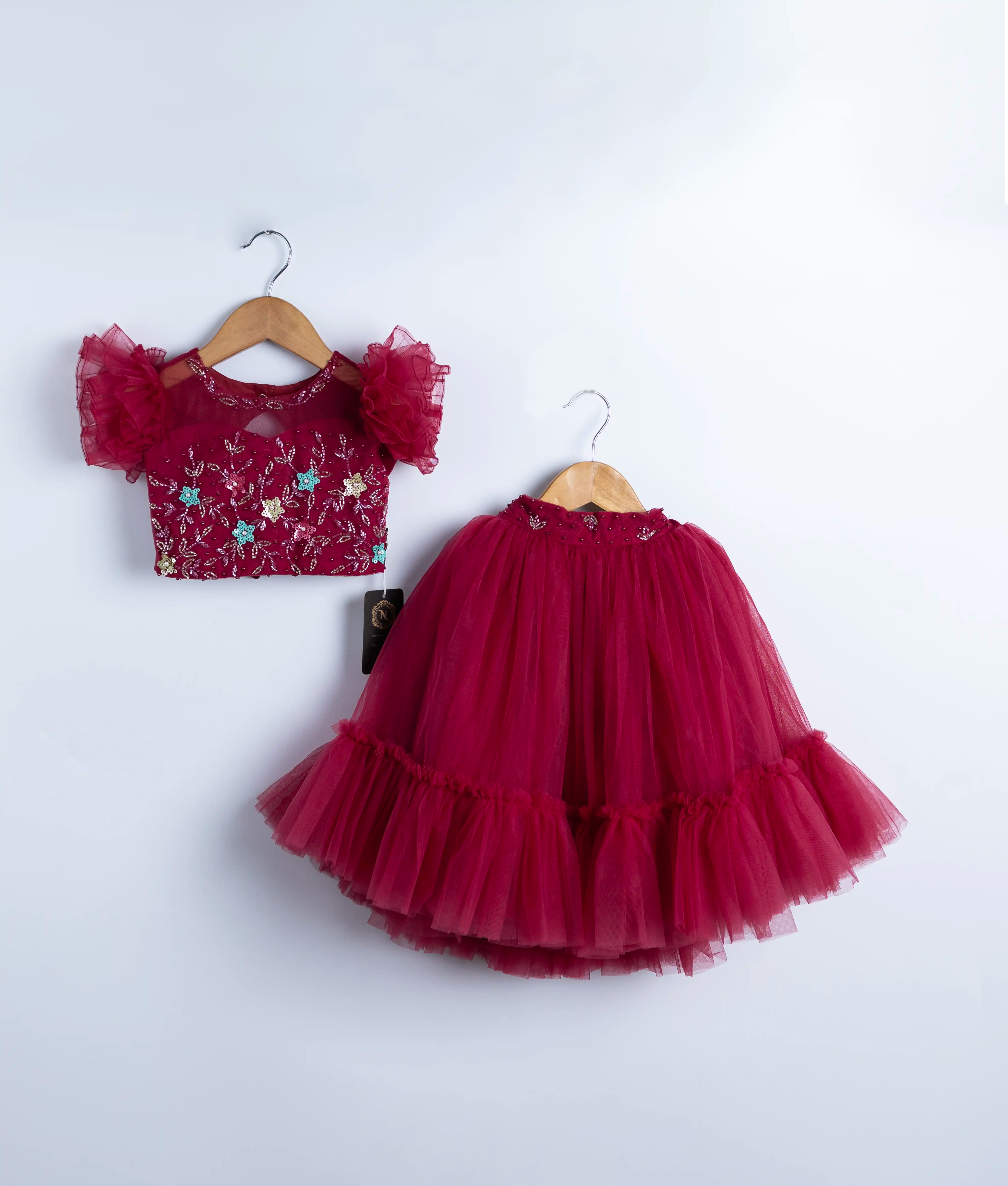 Burgundy Tulle Net Handworked Crop Top With Full Length Skirt For Baby Girl [2274]