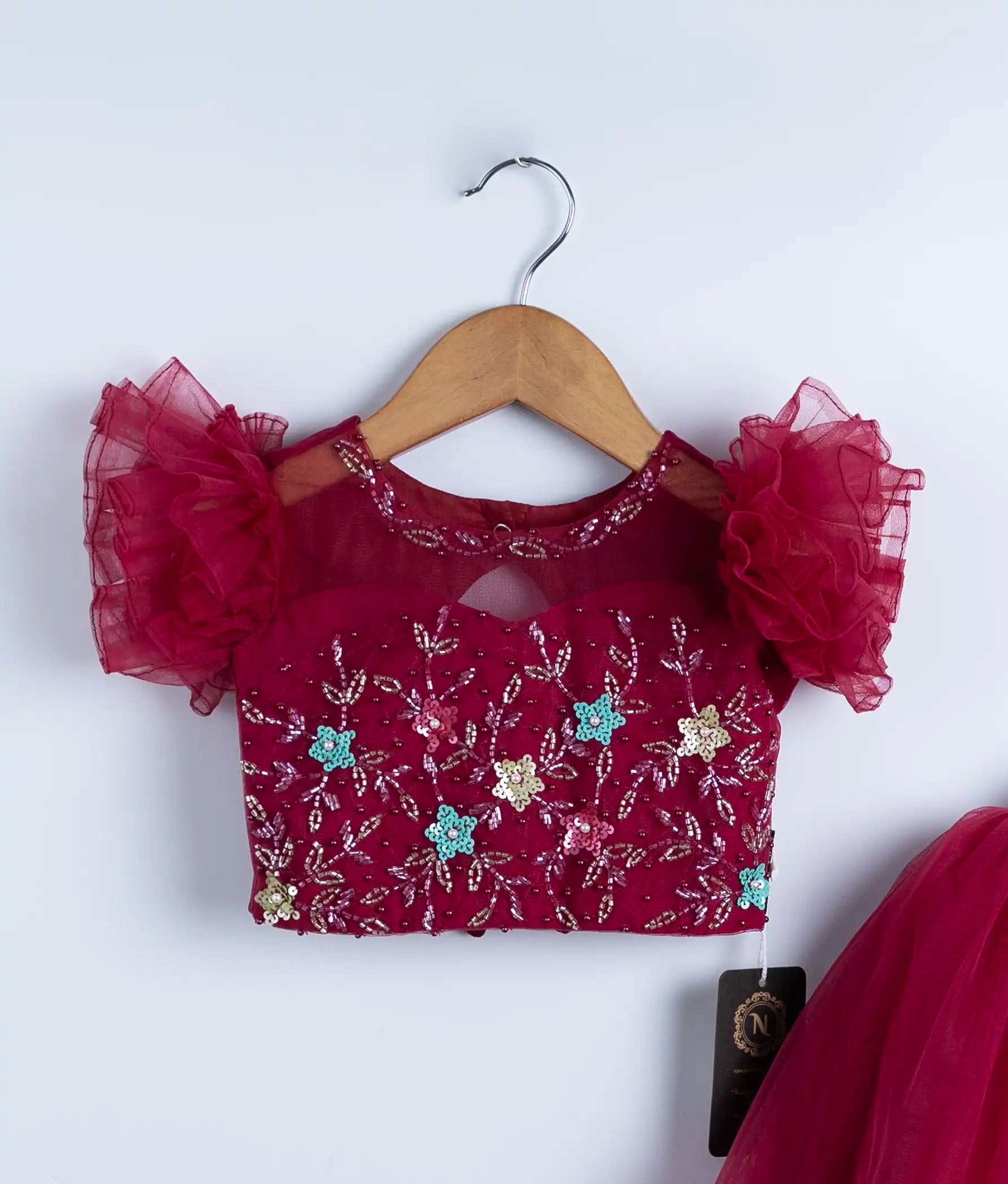 Burgundy Tulle Net Handworked Crop Top With Full Length Skirt For Baby Girl [2274]