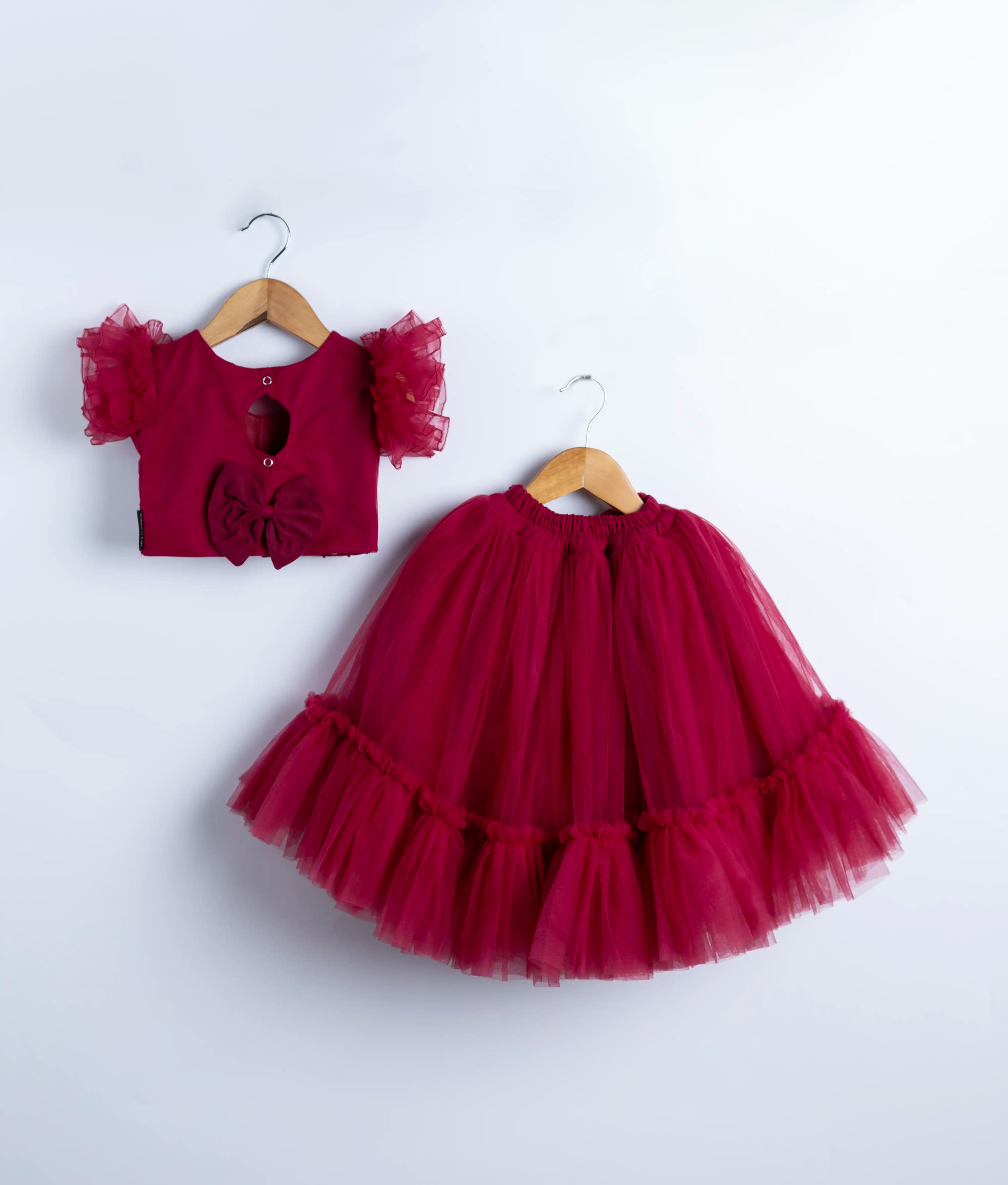 Burgundy Tulle Net Handworked Crop Top With Full Length Skirt For Baby Girl [2274]