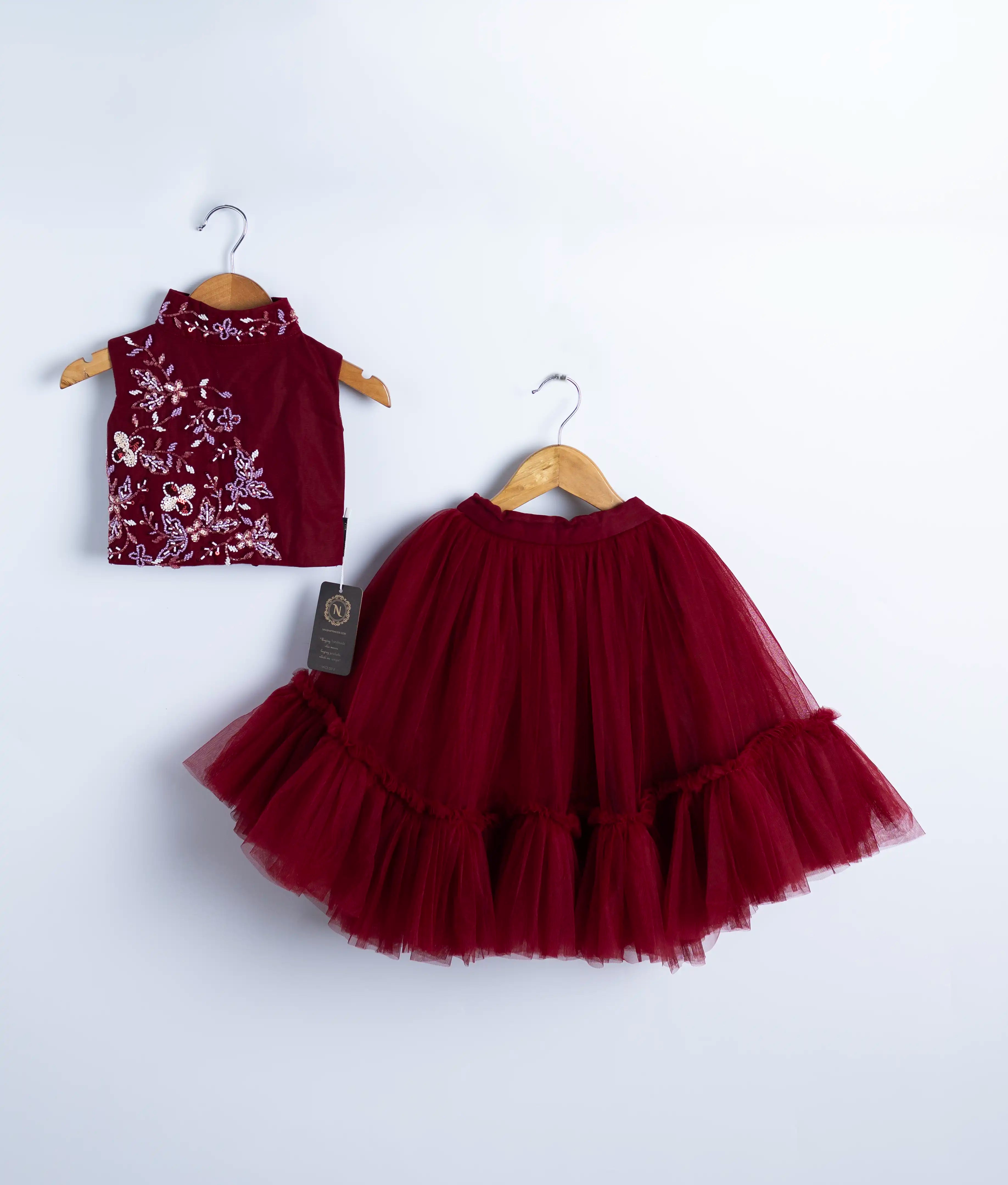 Maroon Handwork Crop Top with Full Length Skirt For Baby girl [Ready to ship :2278]