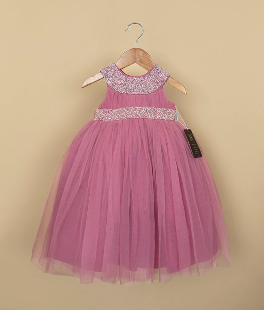 Onion Pink Tulle Net Handworked Gown For Baby Girl [Ready to shi : 2316]