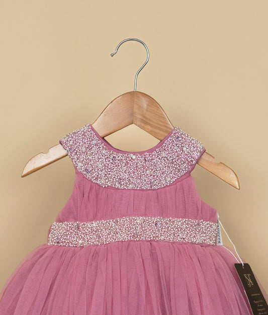 Onion Pink Tulle Net Handworked Gown For Baby Girl [Ready to shi : 2316]
