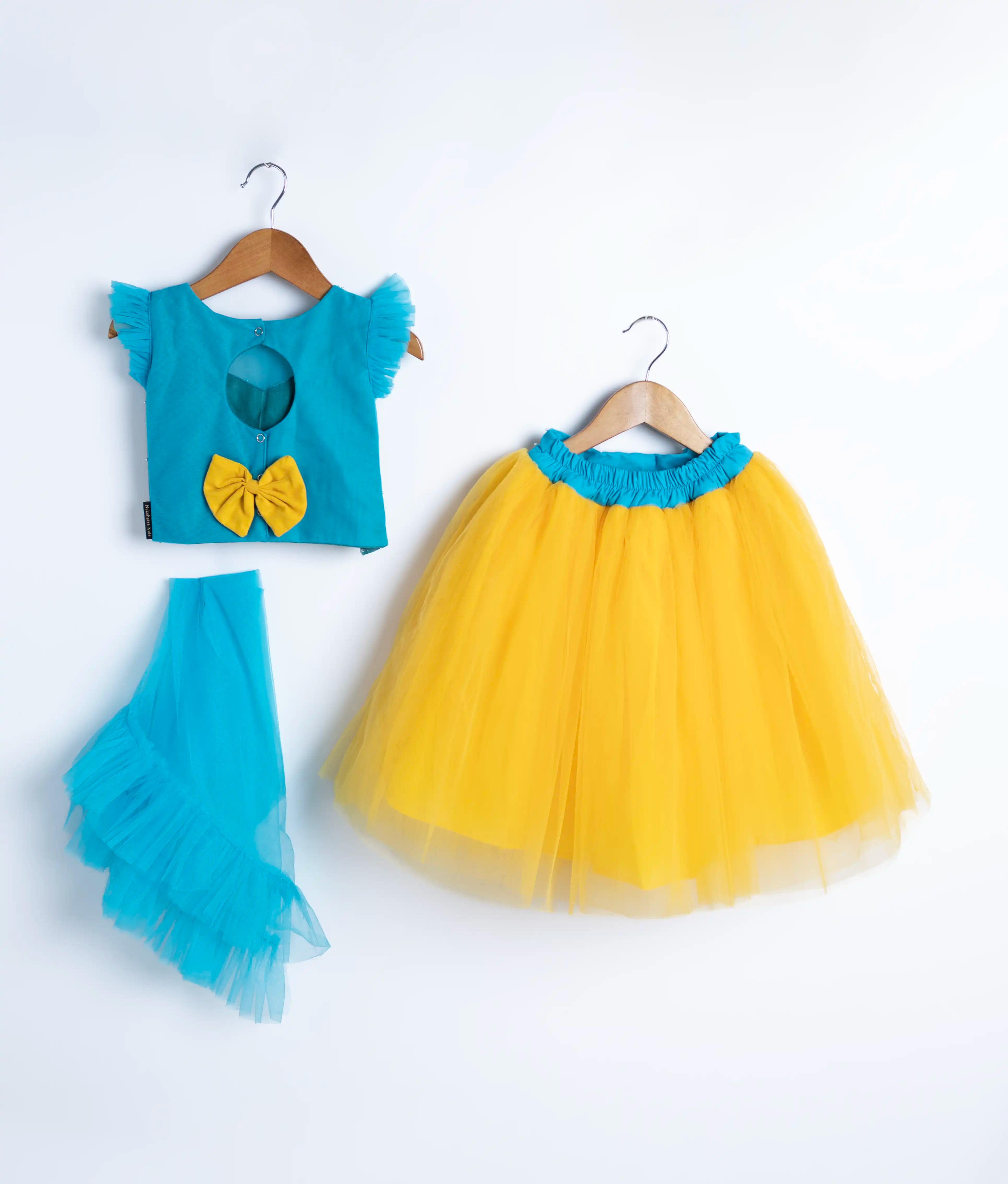 Back view of an blue tulle net handworked crop top, skirt and a dupatta in blue displayed on a hanger.