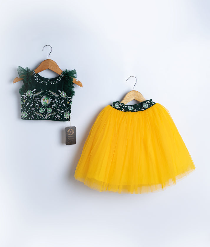 Green Handworked Crop Top With Yellow Skirt for Diwali [Ready to ship: 2328]