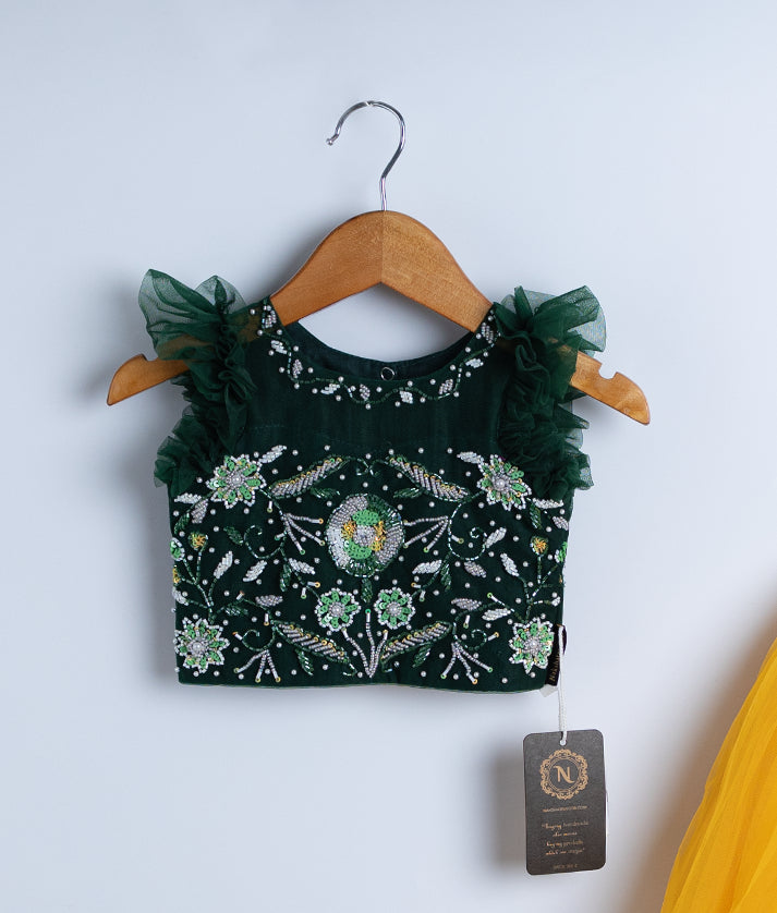 Green Handworked Crop Top With Yellow Skirt for Diwali [Ready to ship: 2328]