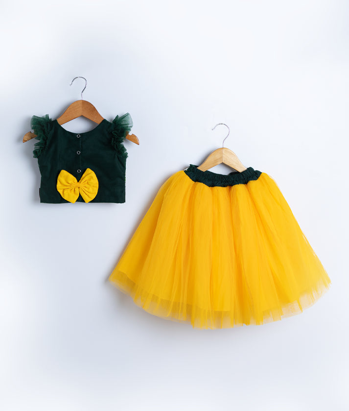 Green Handworked Crop Top With Yellow Skirt for Diwali [Ready to ship: 2328]