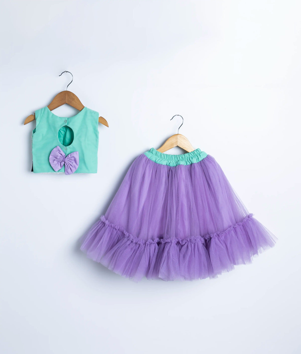 Mint Green and Lavender Tulle Net Handworked Skirt and Top for Baby Girl [2329]