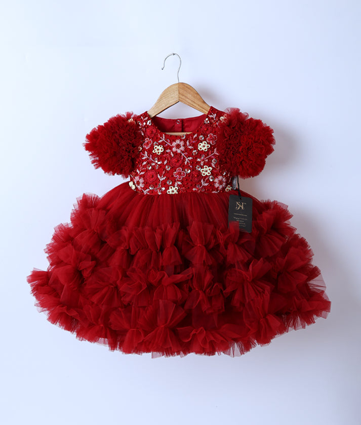 Maroon Tulle Net Handworked Birthday Frock For Baby Girl [Ready To Ship: 2335A]