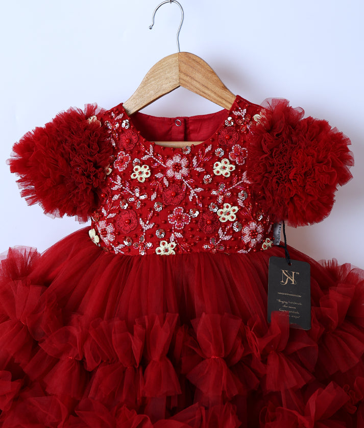 Maroon Tulle Net Handworked Birthday Frock For Baby Girl [Ready To Ship: 2335A]