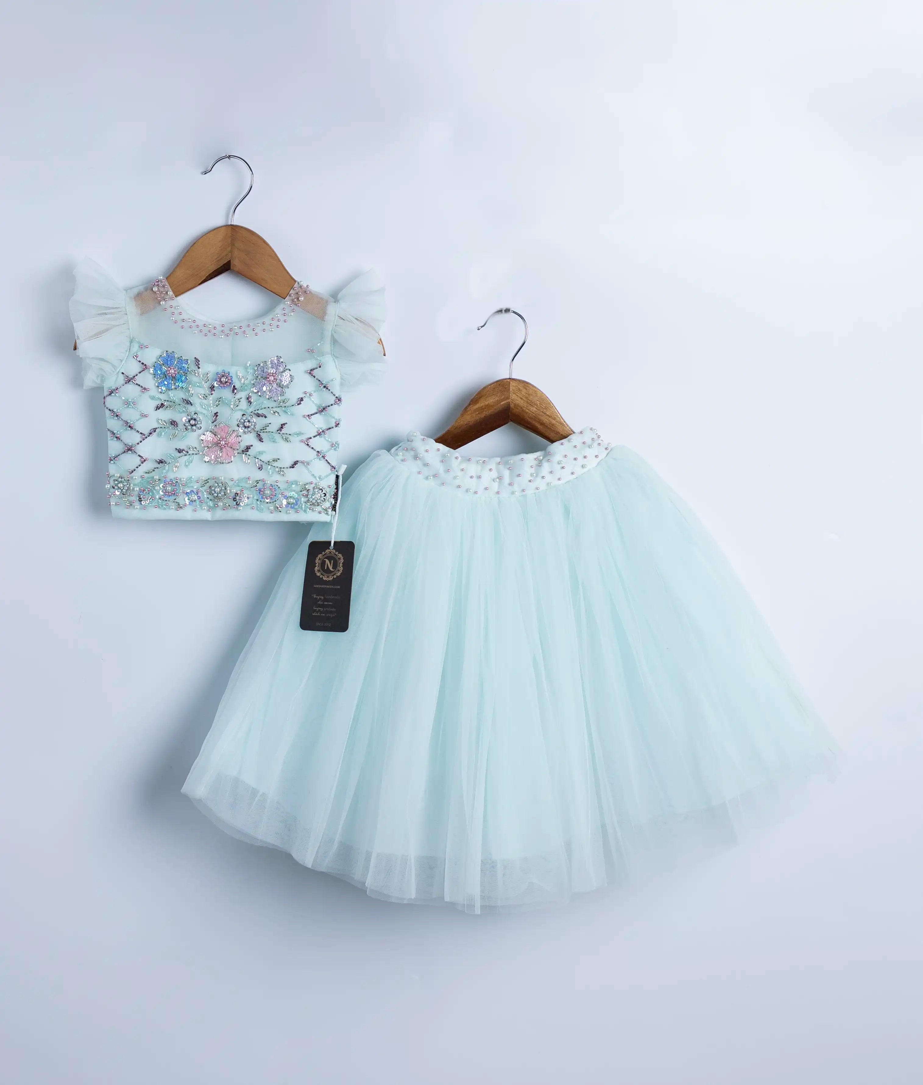 Powder Blue Tulle Net Handworked Crop Top With Full Length Skirt For Baby Girl [2339]