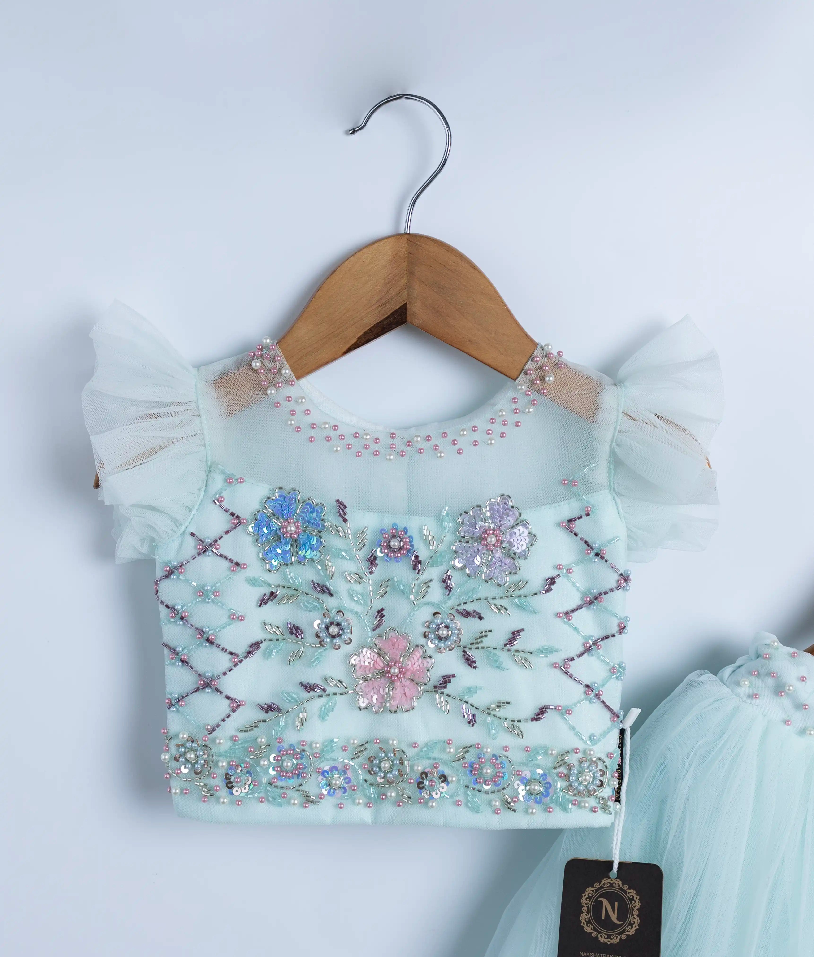 Powder Blue Tulle Net Handworked Crop Top With Full Length Skirt For Baby Girl [2339]
