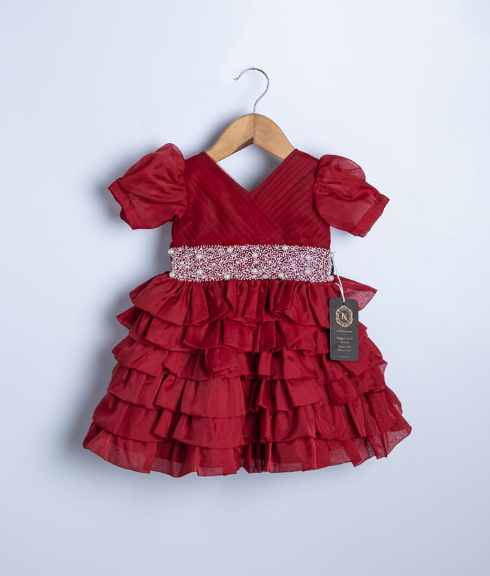 Maroon Plain organza Handwork Frock For Baby Girl [Ready to Ship: 2384B]