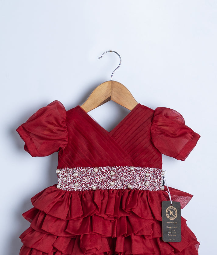 Maroon Plain organza Handwork Frock For Baby Girl [Ready to Ship: 2384B]