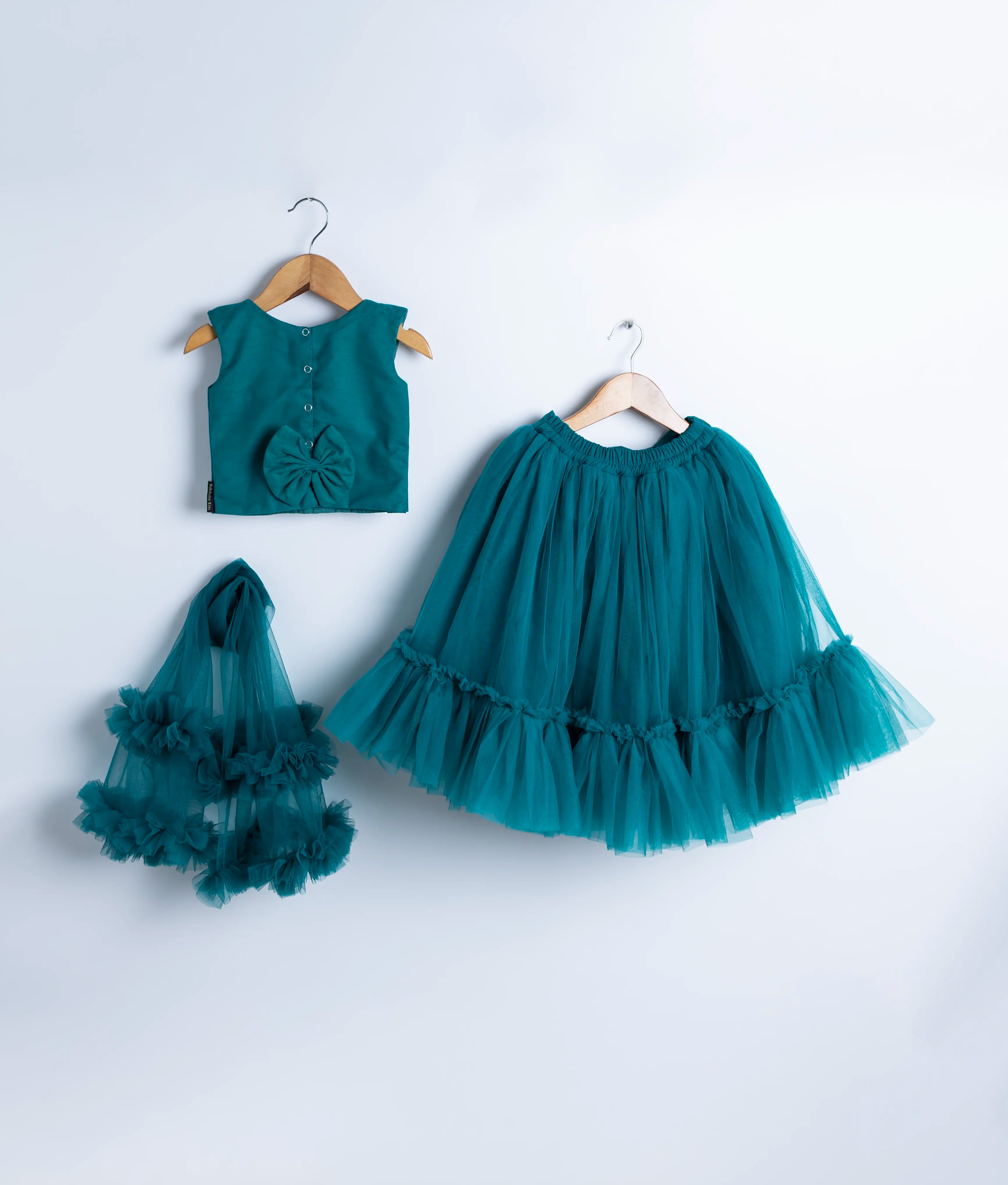 Back view of an peacock blue crop top displayed on hangers against a white background.