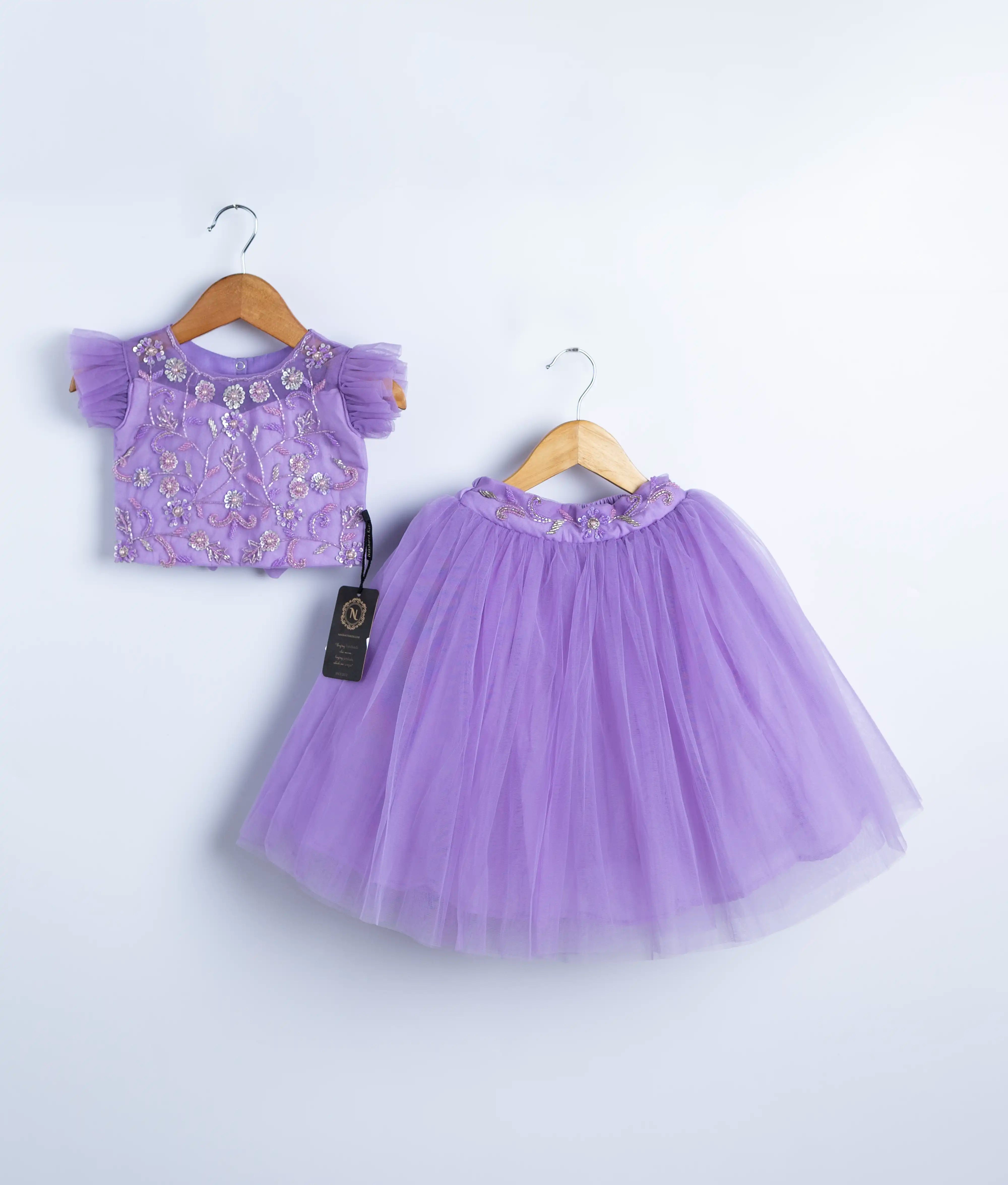 Lavender Tulle Net Handworked Crop Top With Full Length Skirt For Baby Girl [2438}