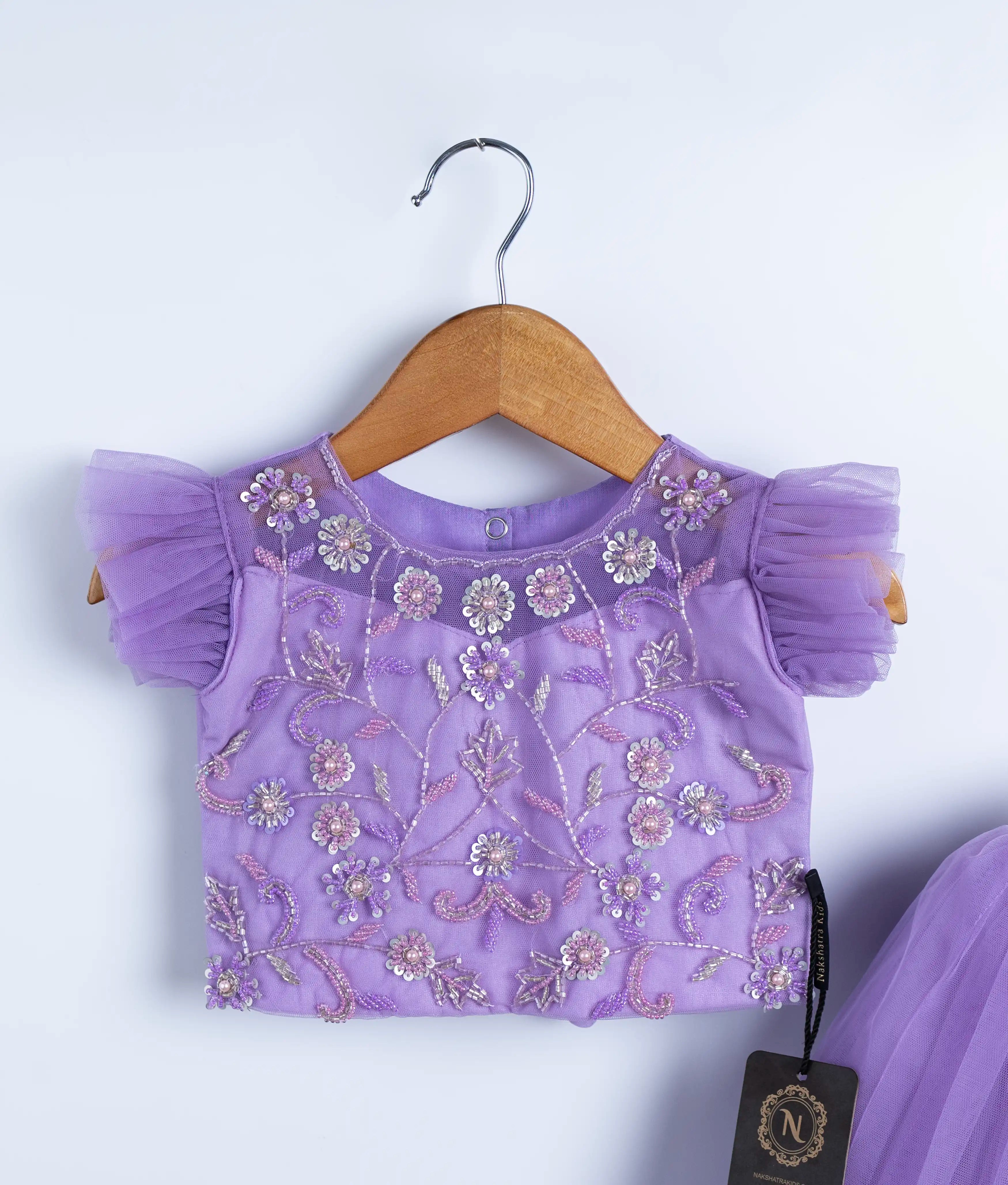 Lavender Tulle Net Handworked Crop Top With Full Length Skirt For Baby Girl [2438}
